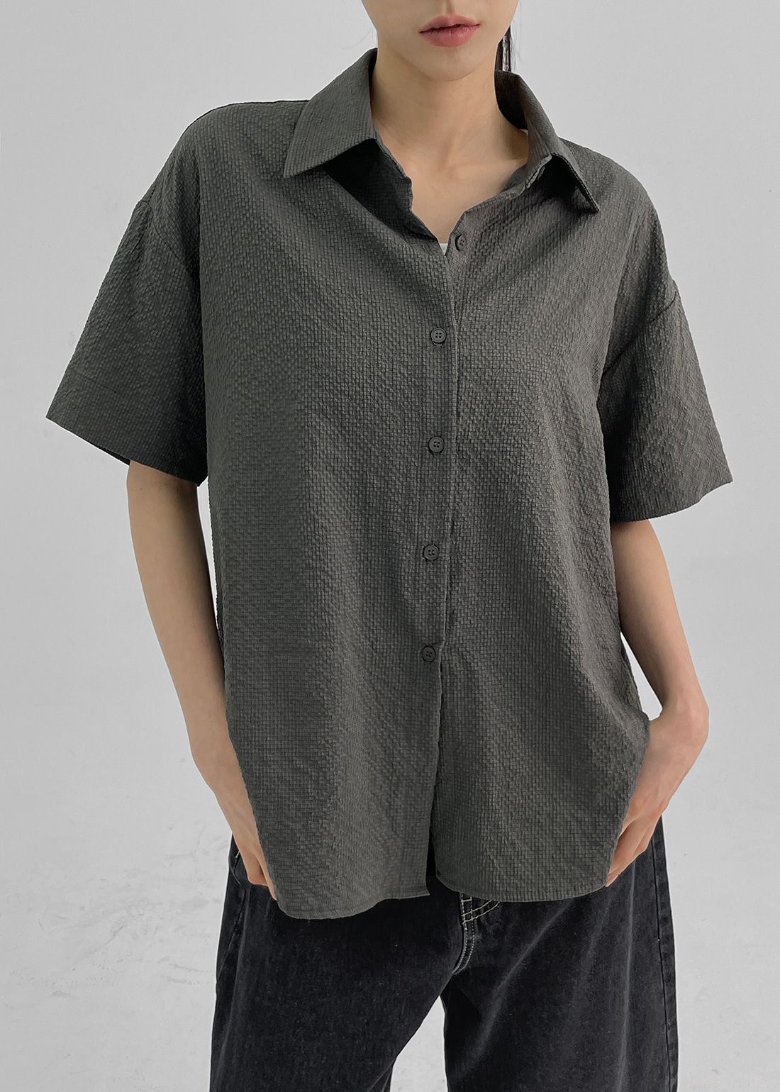 正韓製泡泡紗質感短袖襯衫 shirt 7色上衣 寬鬆 外套 落肩