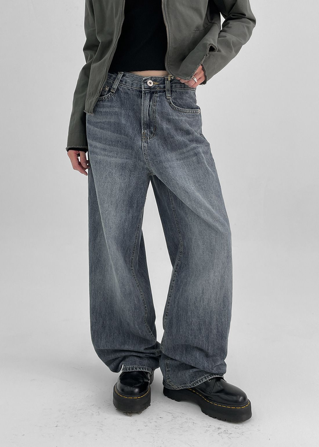 正韓製裂紋感水洗牛仔褲 pants 長褲 寬管 寬褲 高腰 寬鬆