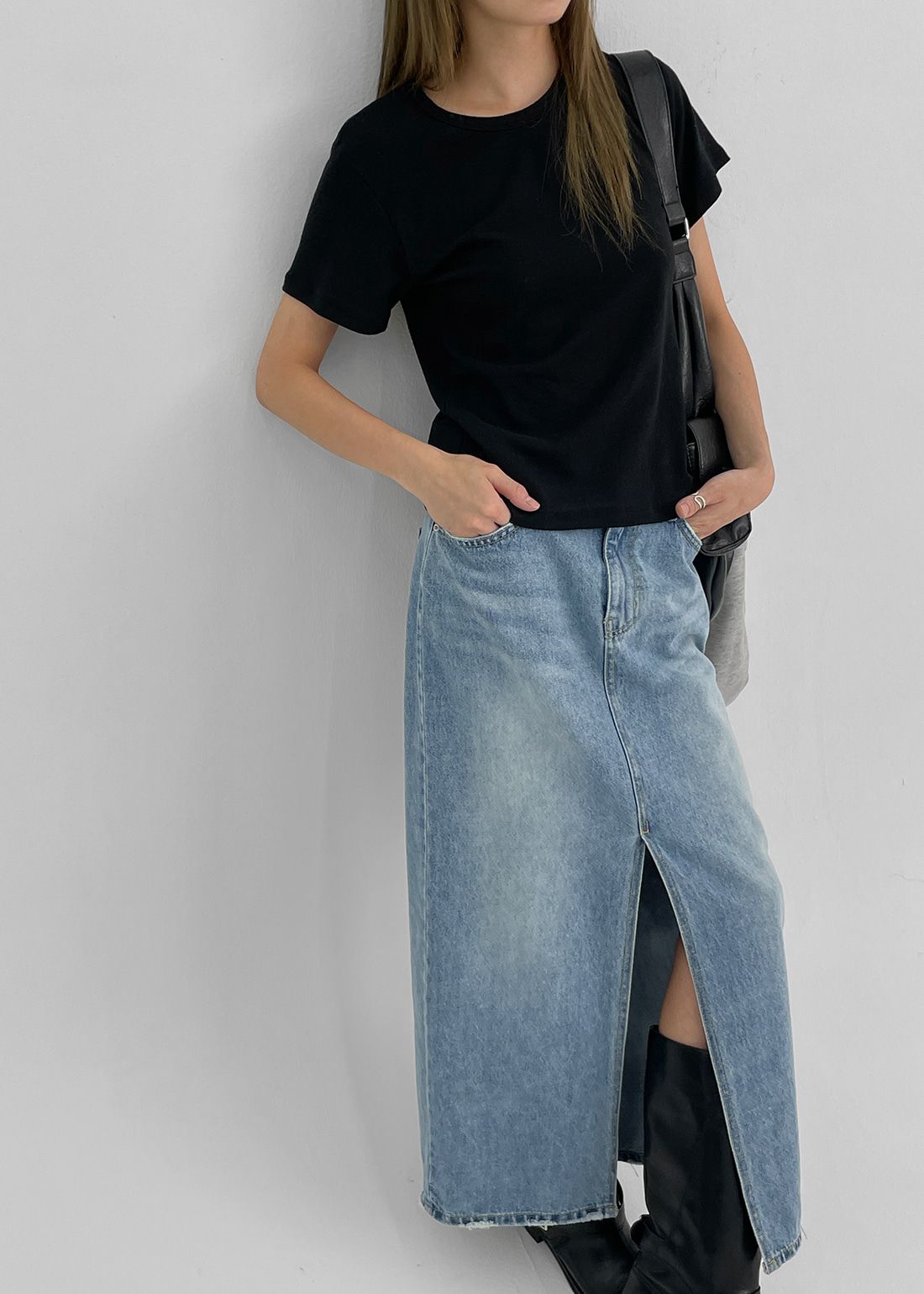正韓製前開衩牛仔裙 skirt 高腰 水洗 丹寧 裙子