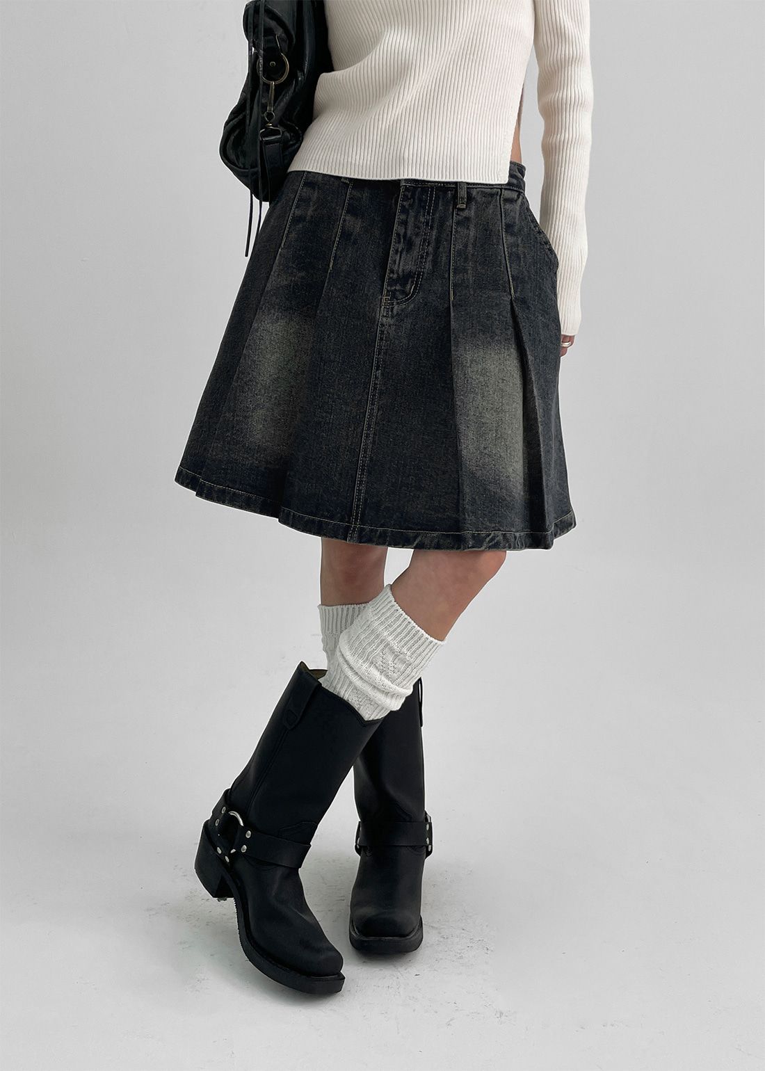 深色水洗牛仔百褶裙 skirt 2色 牛仔裙 高腰 中長裙