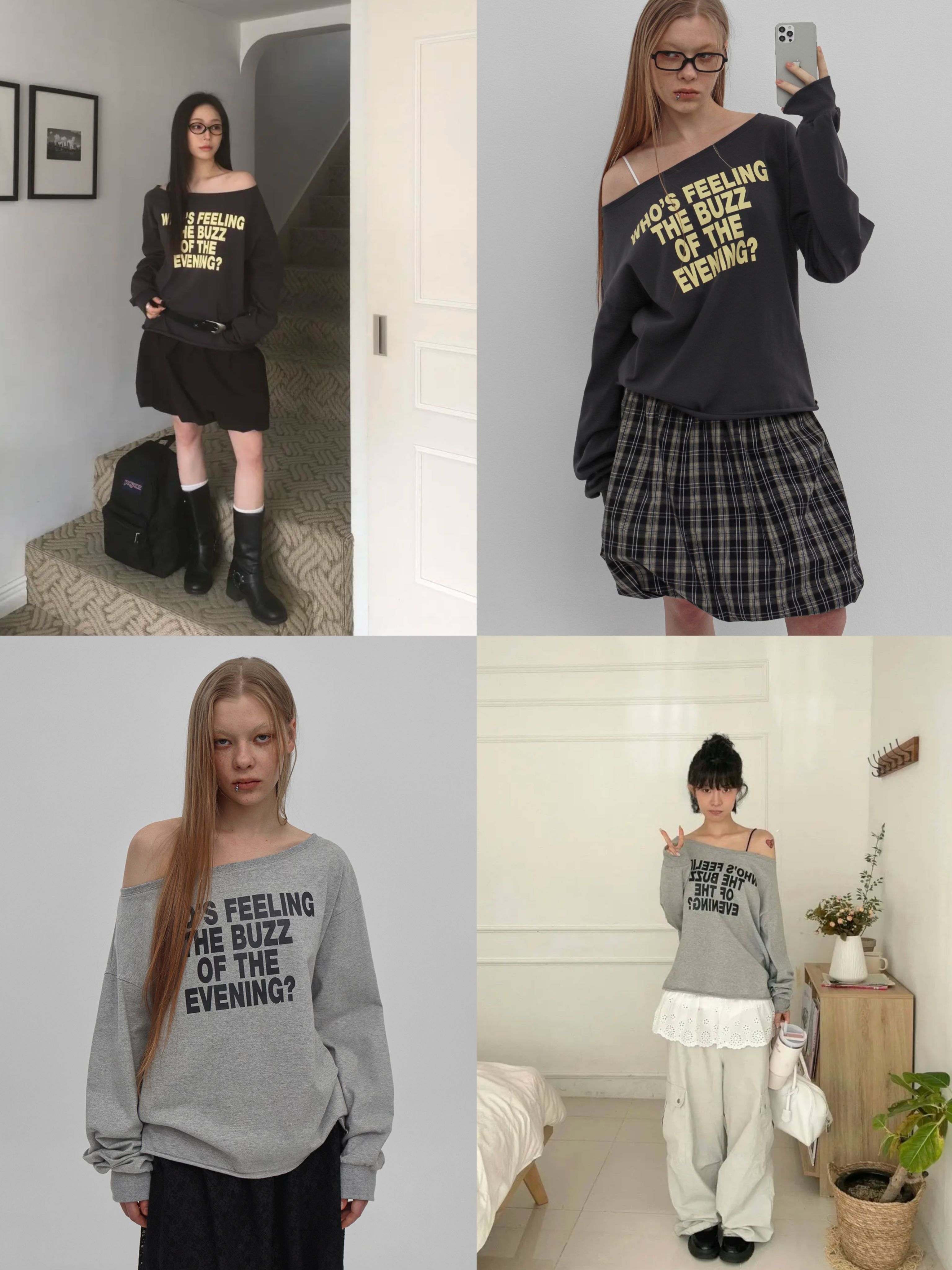 正韓製英文標語斜肩上衣 tee 2色 （ black-up 自訂款 ） 長袖 露肩