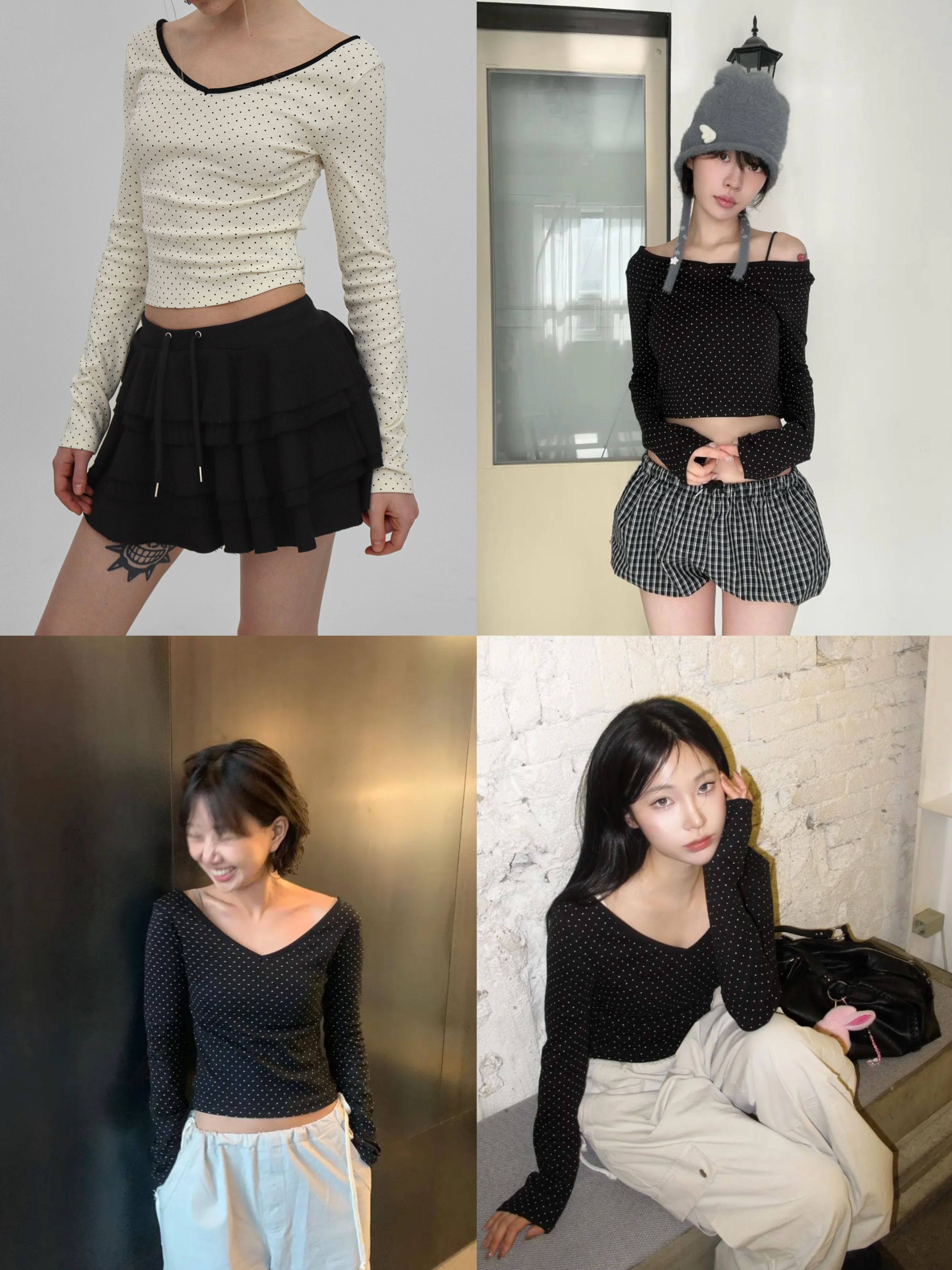 正韓製深V領點點上衣 tee 2色 （ black-up 自訂款 ） 長袖 V領 貼身 長踢