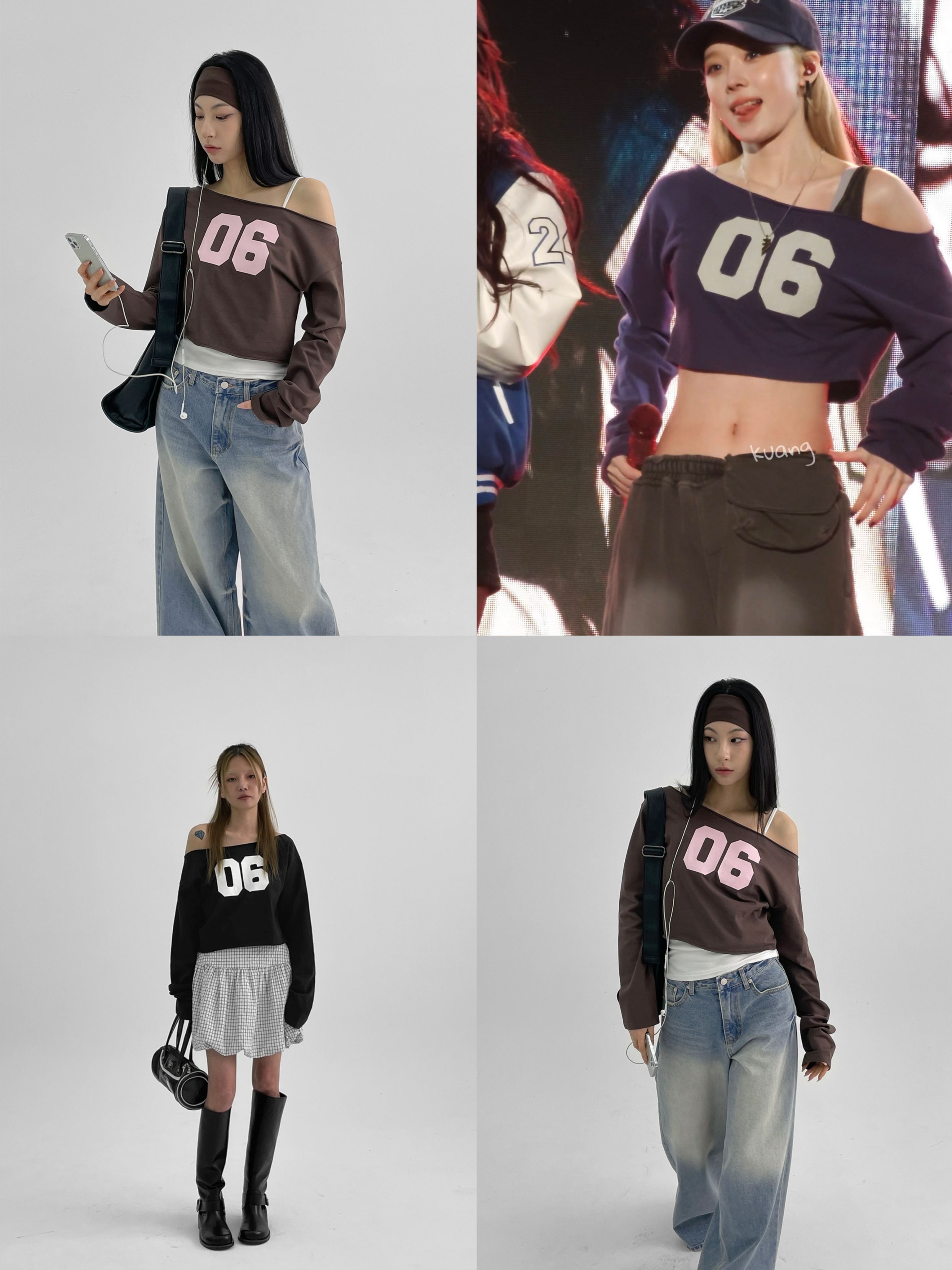 正韓製數字06寬鬆短版上衣 tee （ black-up 自訂款 ） 長袖 長踢 不收邊 捲邊 T恤 露肩 斜肩