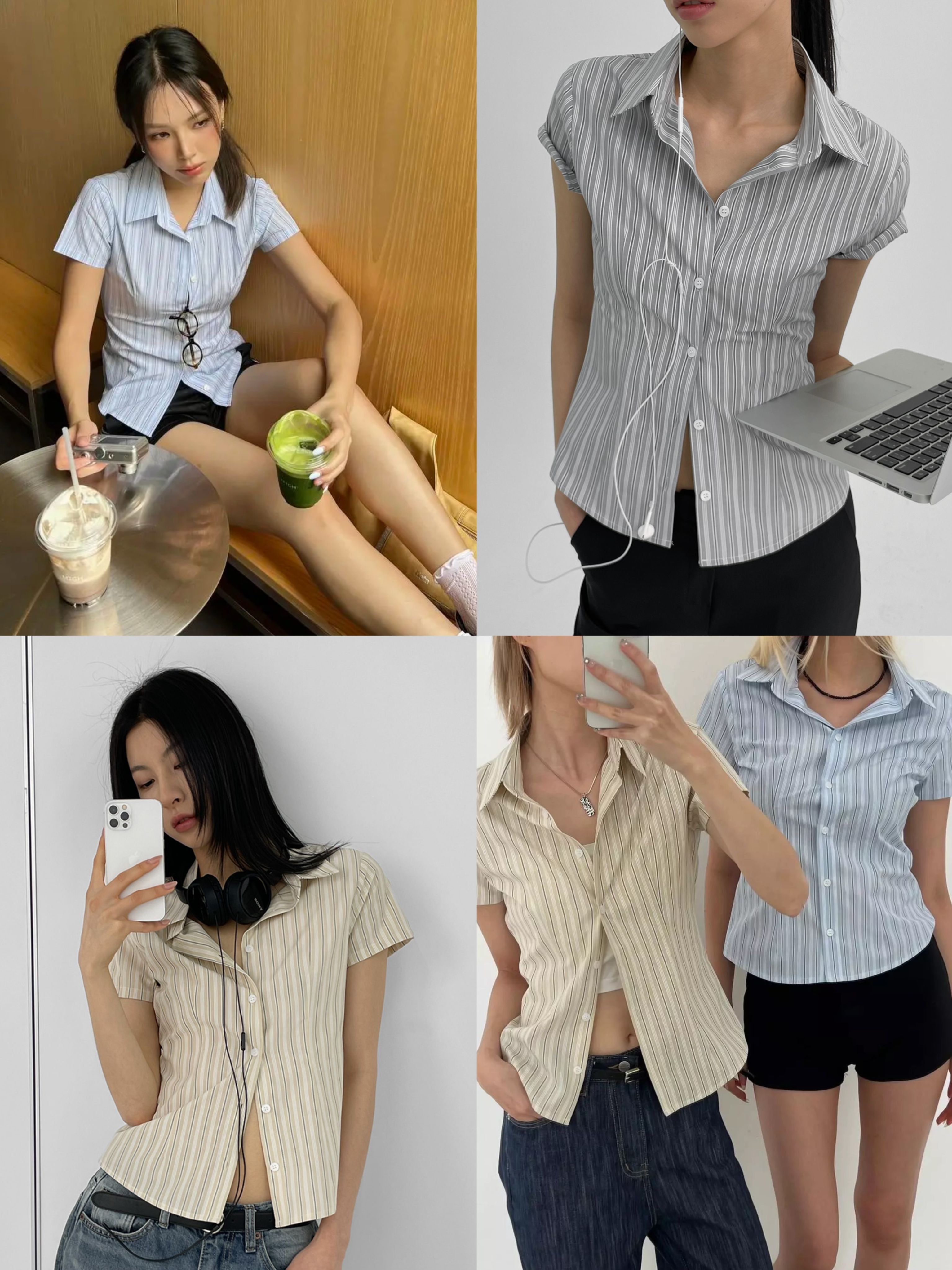 韓網熱銷5千件✿ 正韓製條紋短版襯衫 shirts 3色 （ black-up 自訂款 ） 短袖