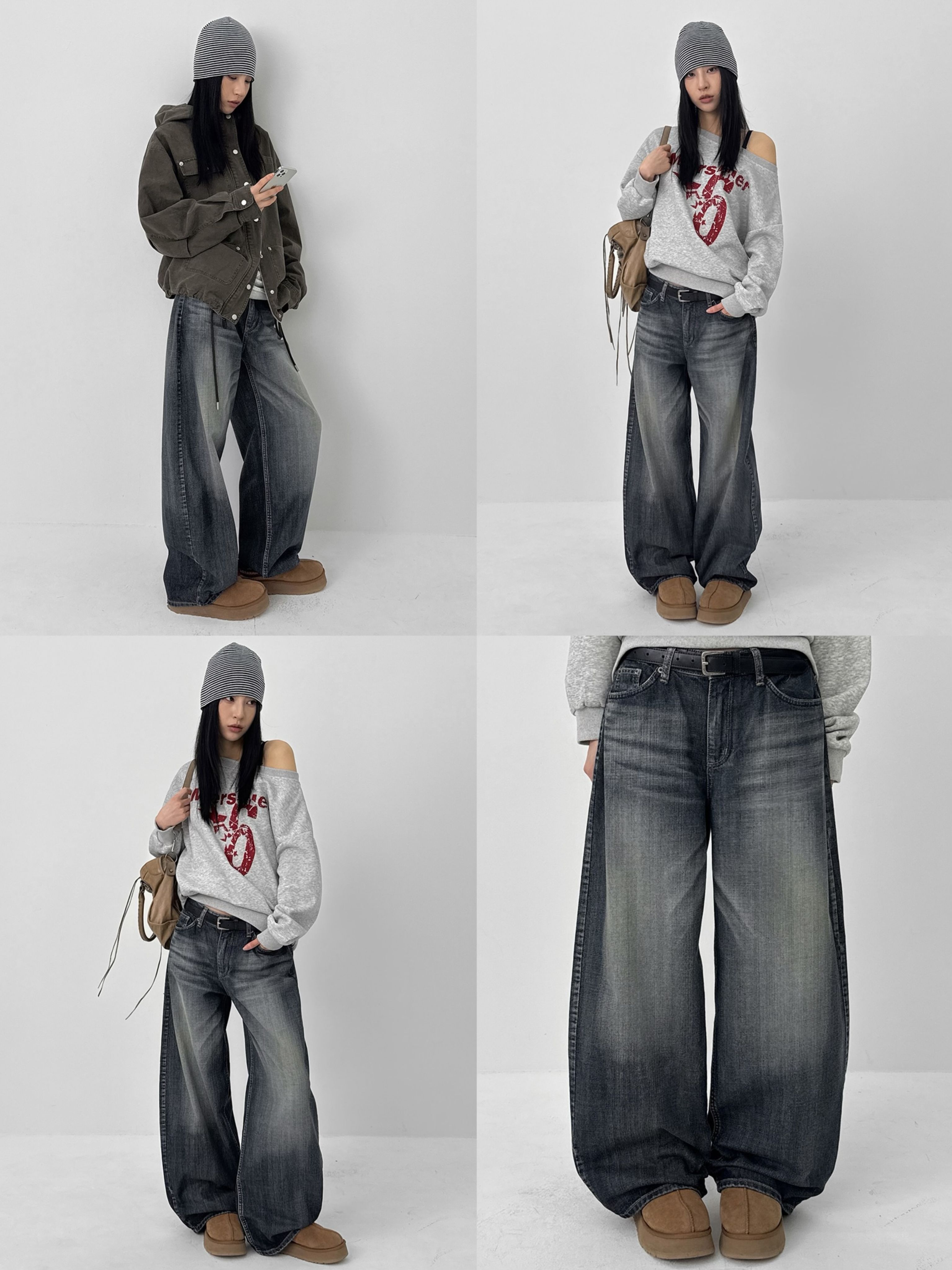 正韓製水洗寬鬆牛仔褲 pants （ black-up ） 中高腰 長褲 寬管 寬褲