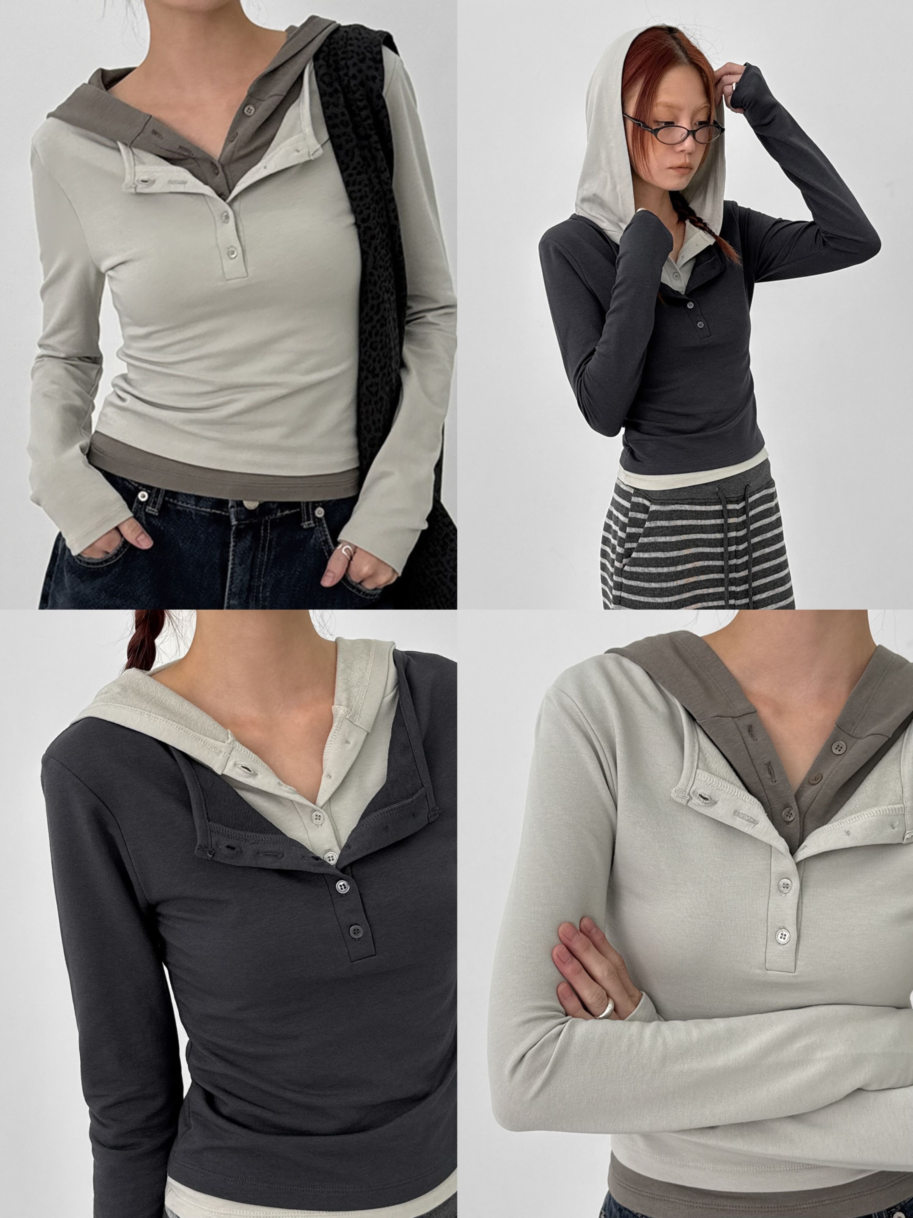 正韓製拼色假兩件長袖上衣 hood 2色 （ black-up 自訂款 ） 長T 連帽上衣 帽T 帽踢 長踢