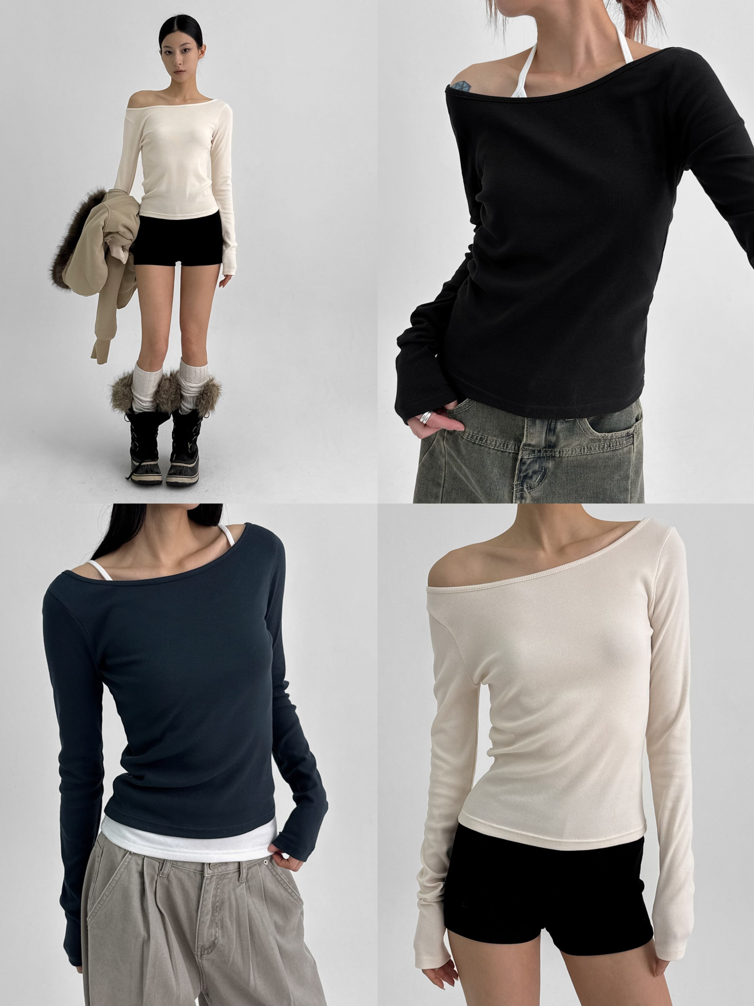 正韓製貼身斜肩長袖上衣 tee 4色 （ black-up 自訂款 ） 長T 露肩 長踢 素色