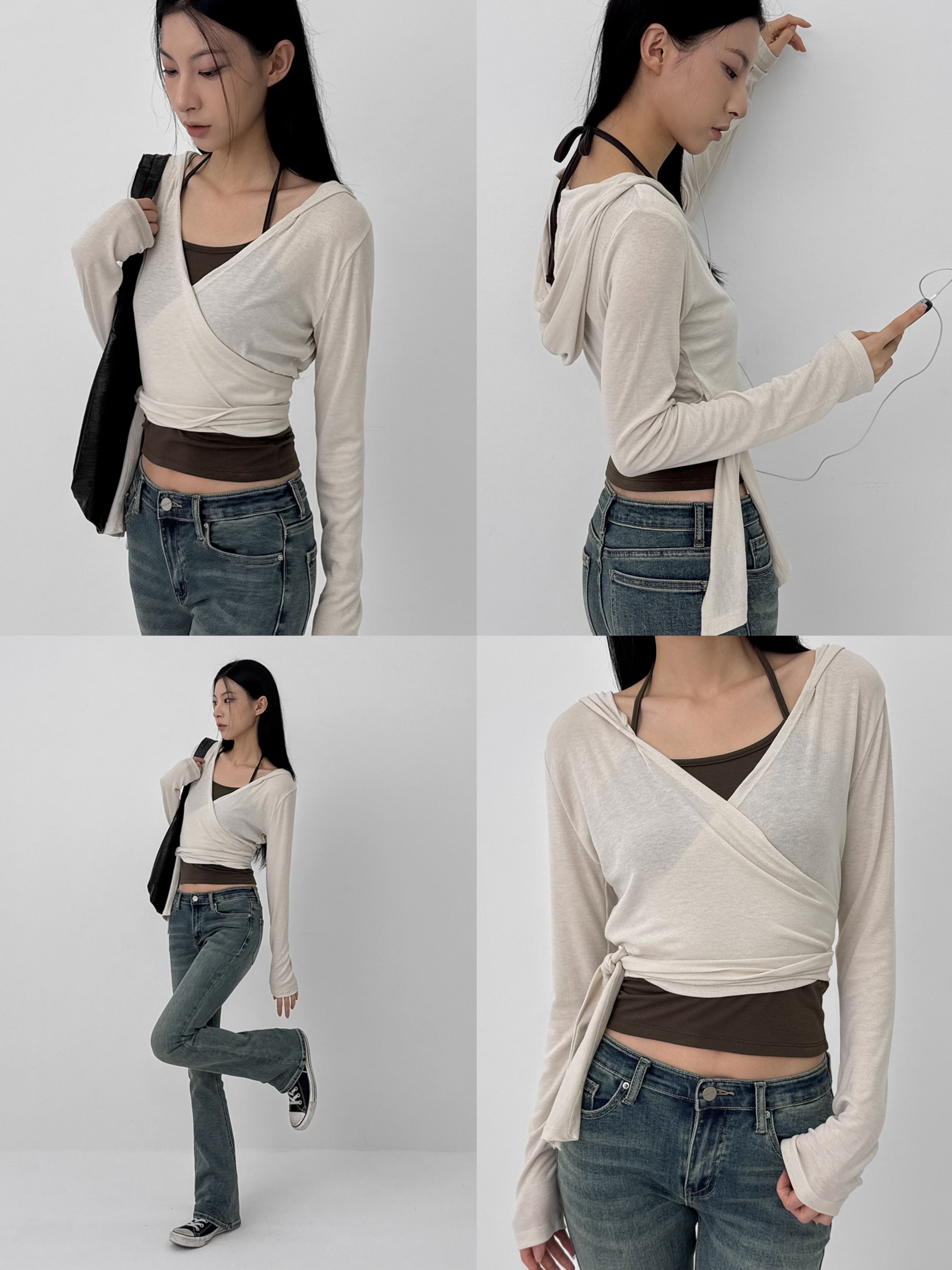 正韓製透膚裹身感連帽上衣 hood 6色 （ black-up ） 長袖 短版 貼身 罩衫