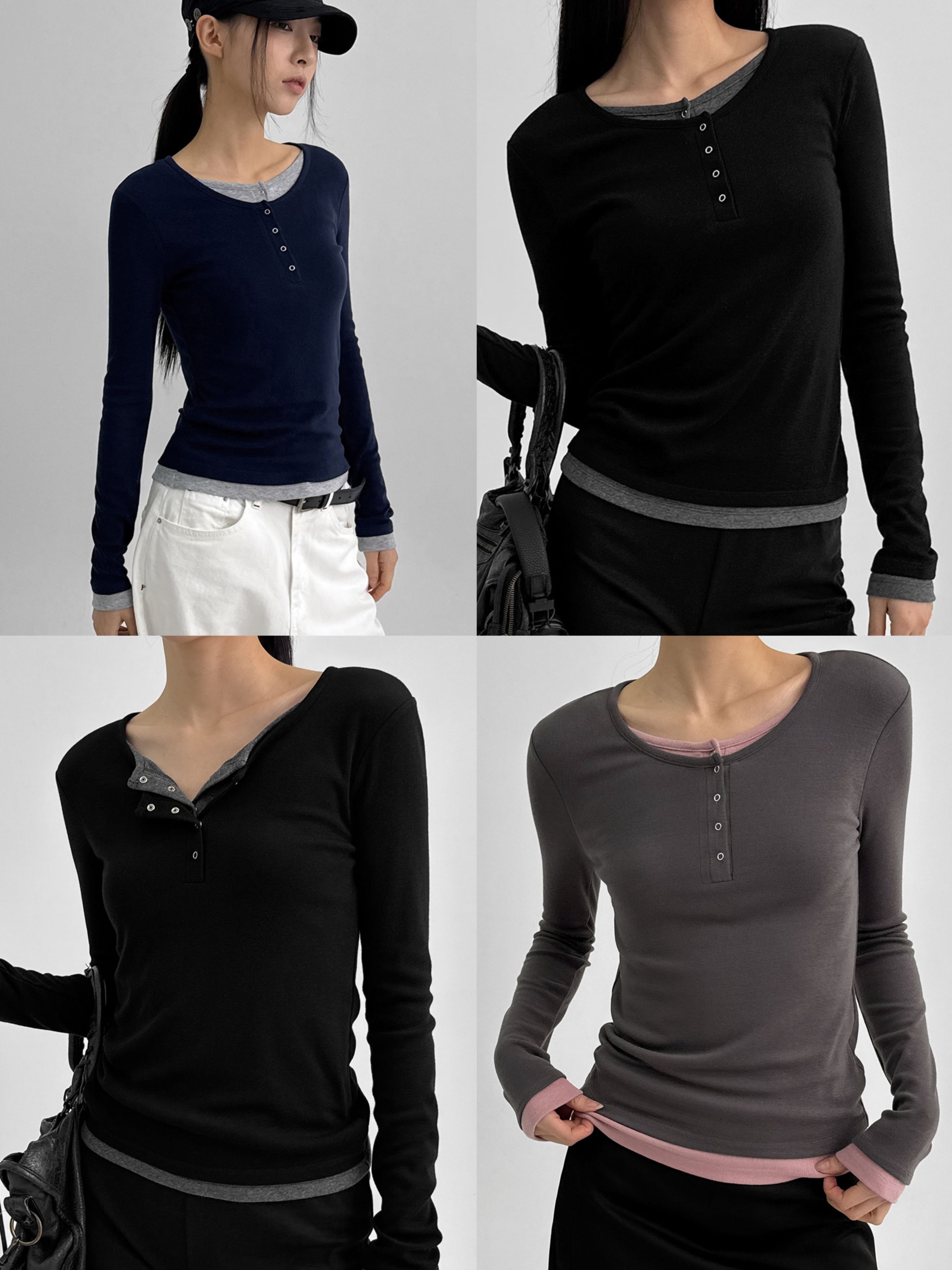 韓網熱銷萬件✿ 正韓製層次感排扣假兩件上衣 tee 6色 （ black-up 自訂款 ） 長袖 長踢 長T