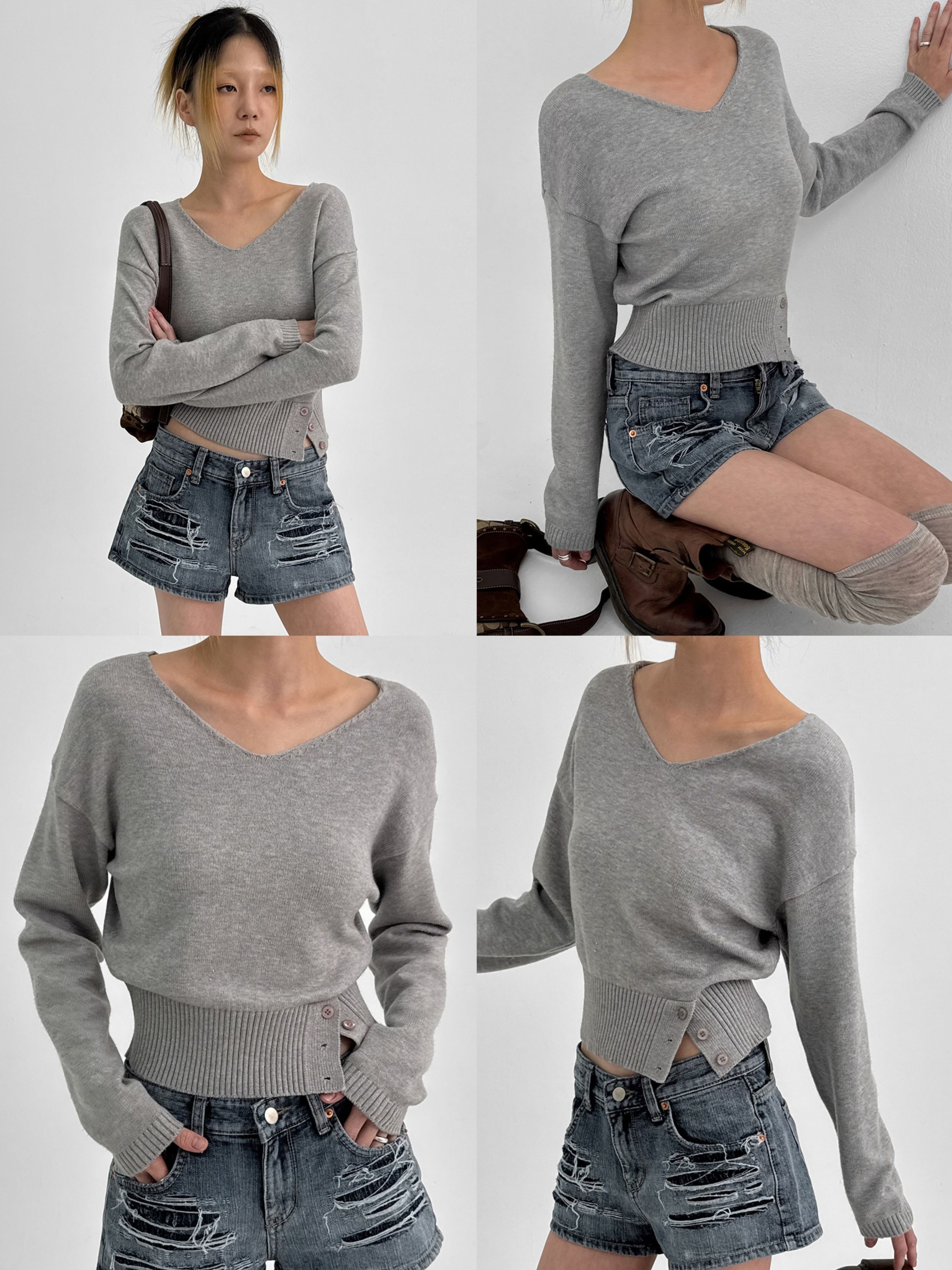下擺鈕扣開衩針織上衣 knit 5色 （ black-up ） 長袖 V領 毛衣 中短版 開衩