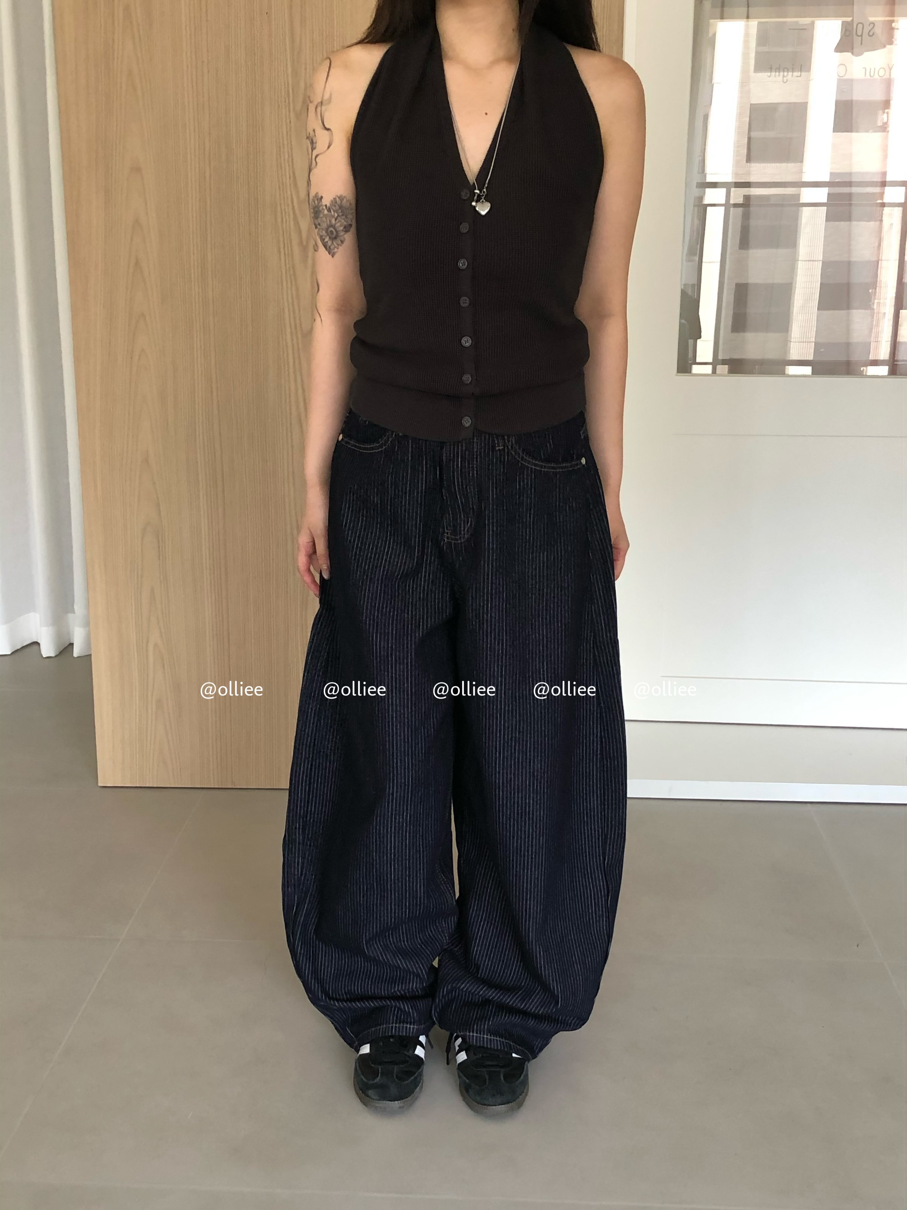 0286直條紋牛仔繭型寬褲