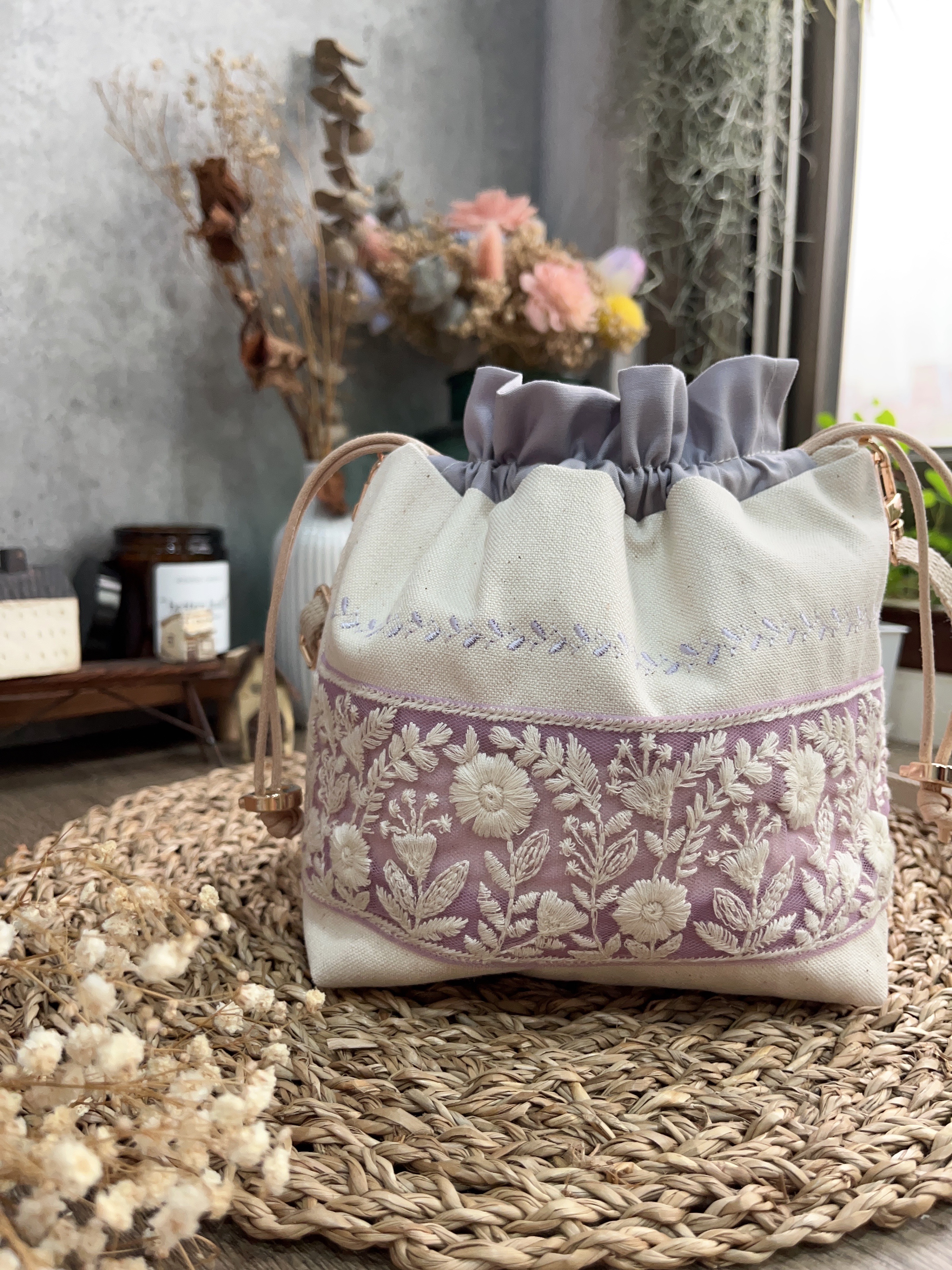 刺繡束口包-小紫