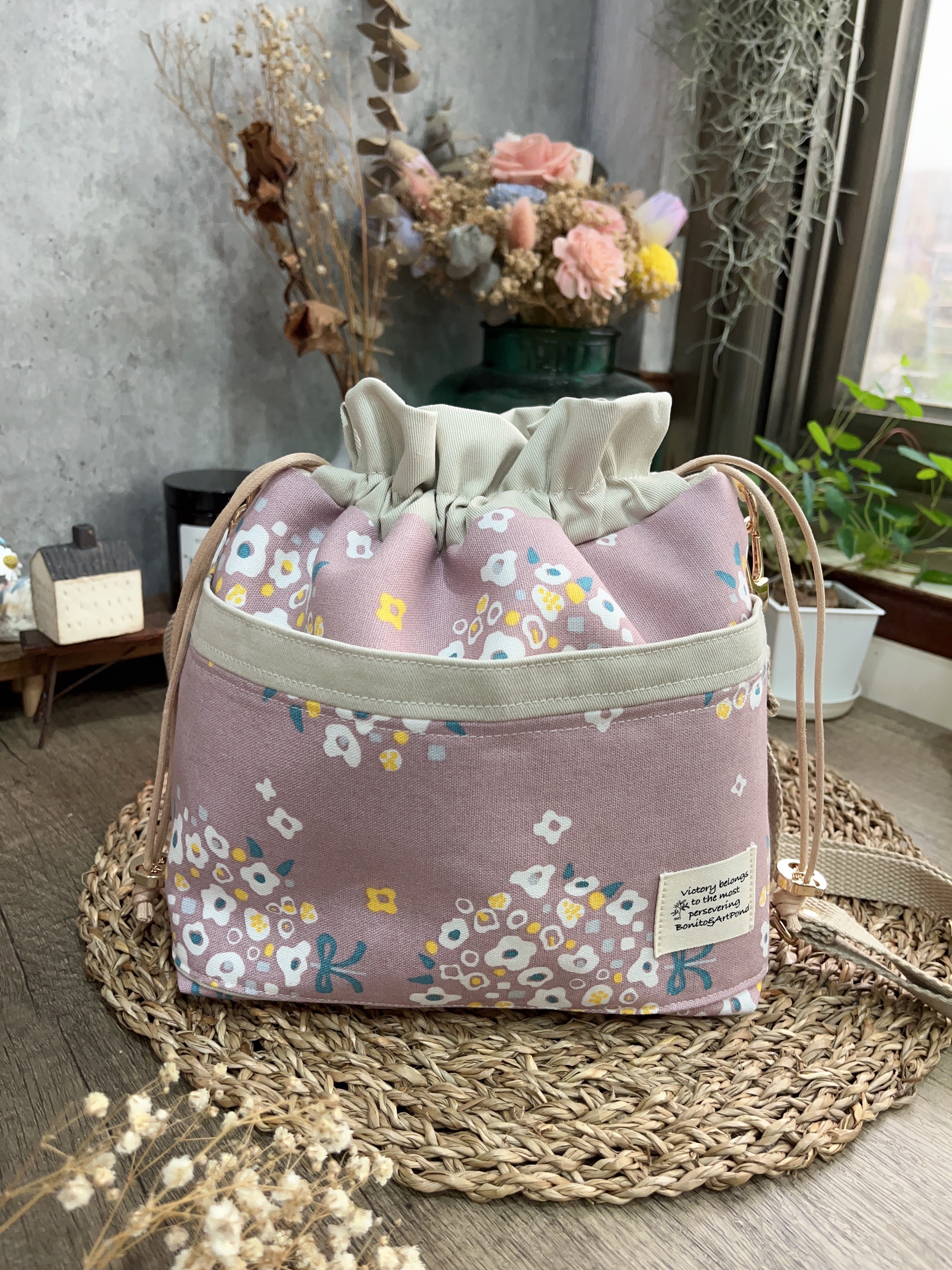 印花束口包-粉紅