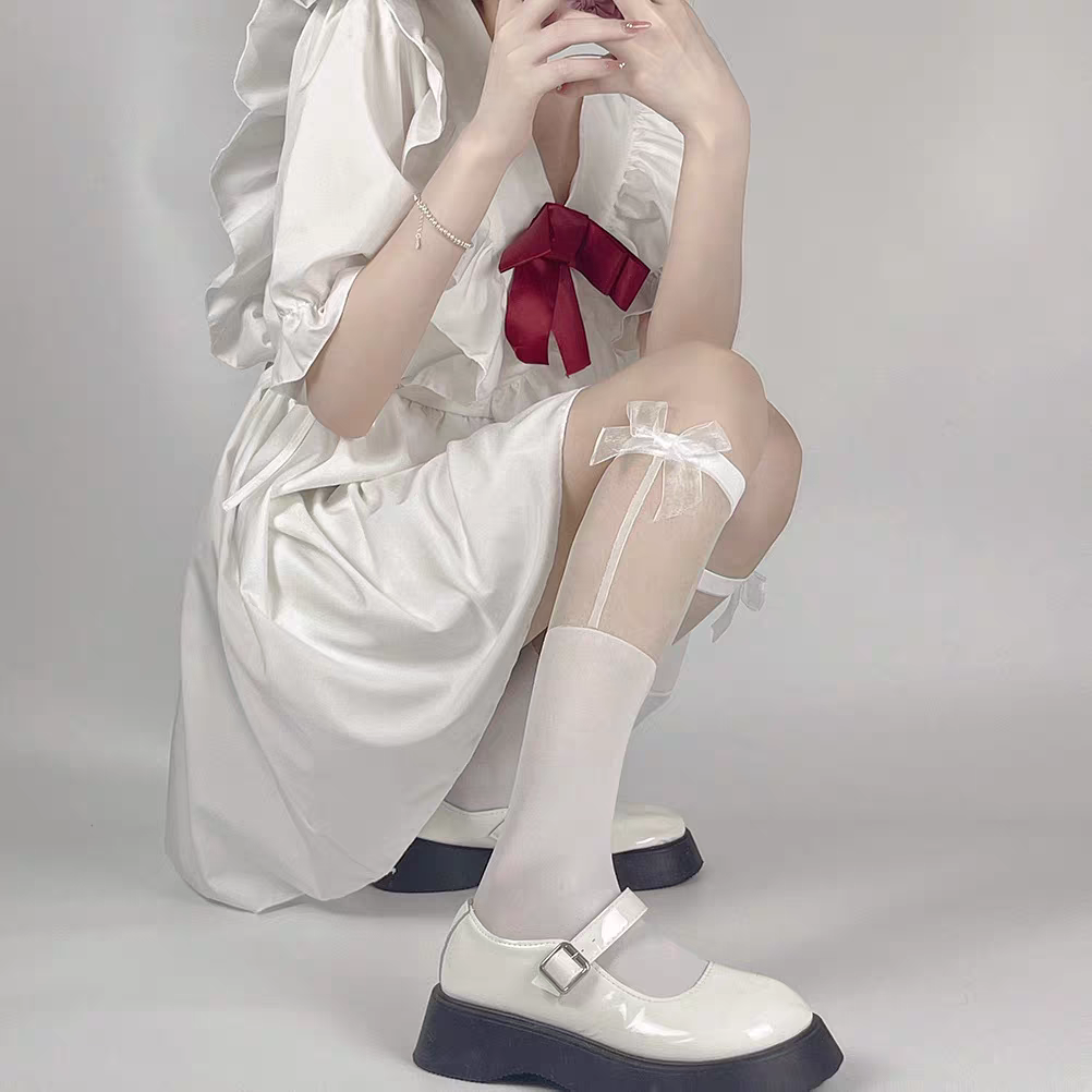 水晶絲拼接蝴蝶結中筒襪