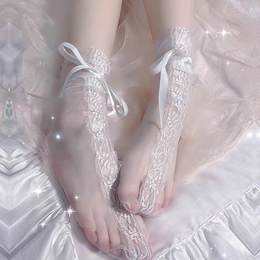 Lolita水晶絲緞帶花紋長襪