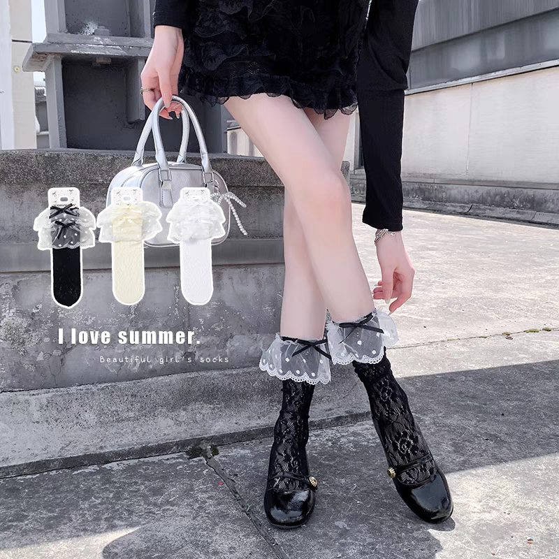 太陽花圖騰帶蝴蝶結蕾絲波波中筒襪