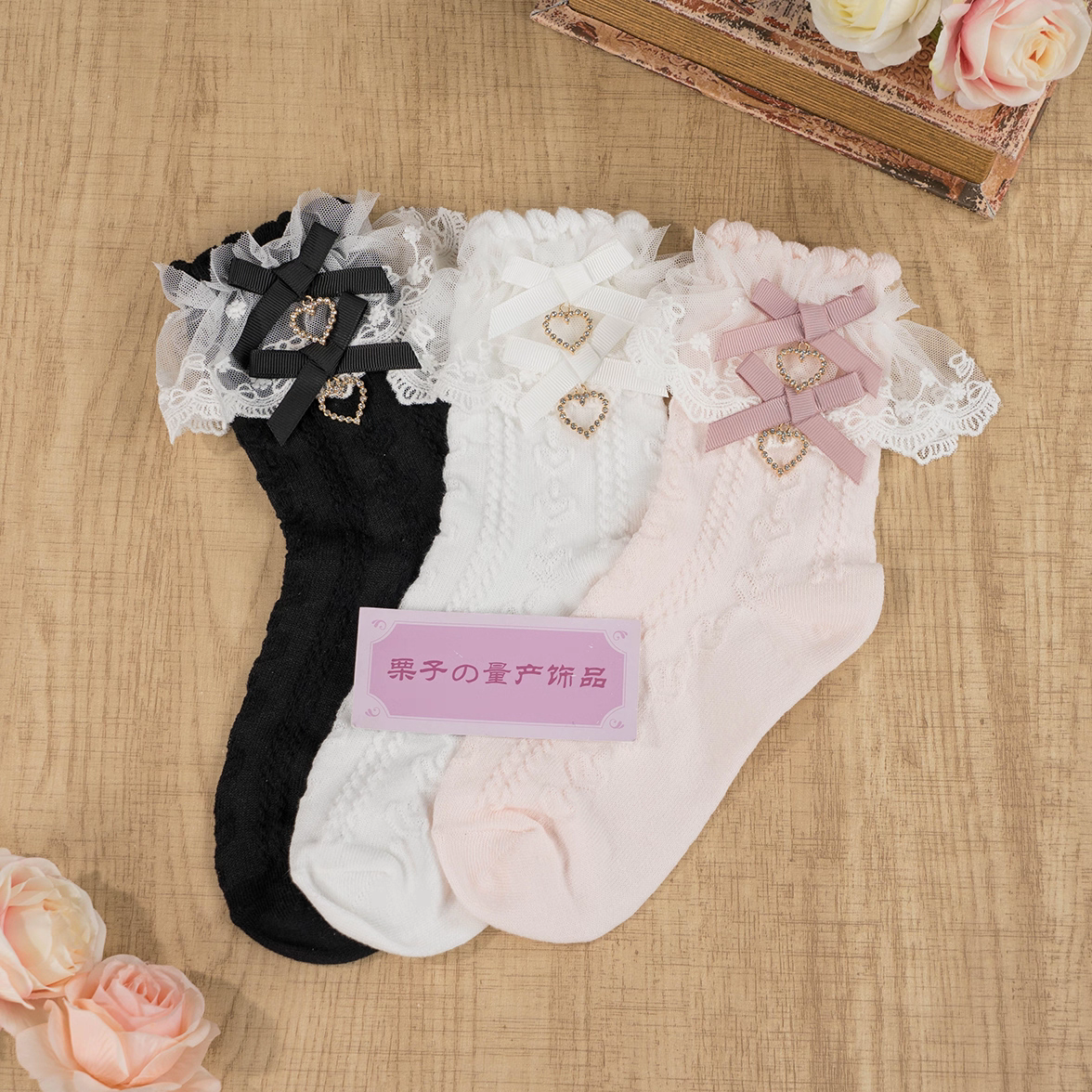花邊蝴蝶結蕾絲愛心吊墜棉襪