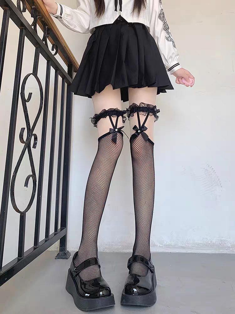 蝴蝶結吊帶漁網過膝襪