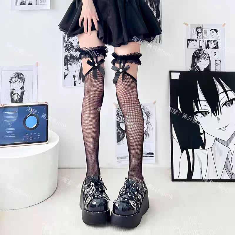 蝴蝶結吊帶漁網過膝襪