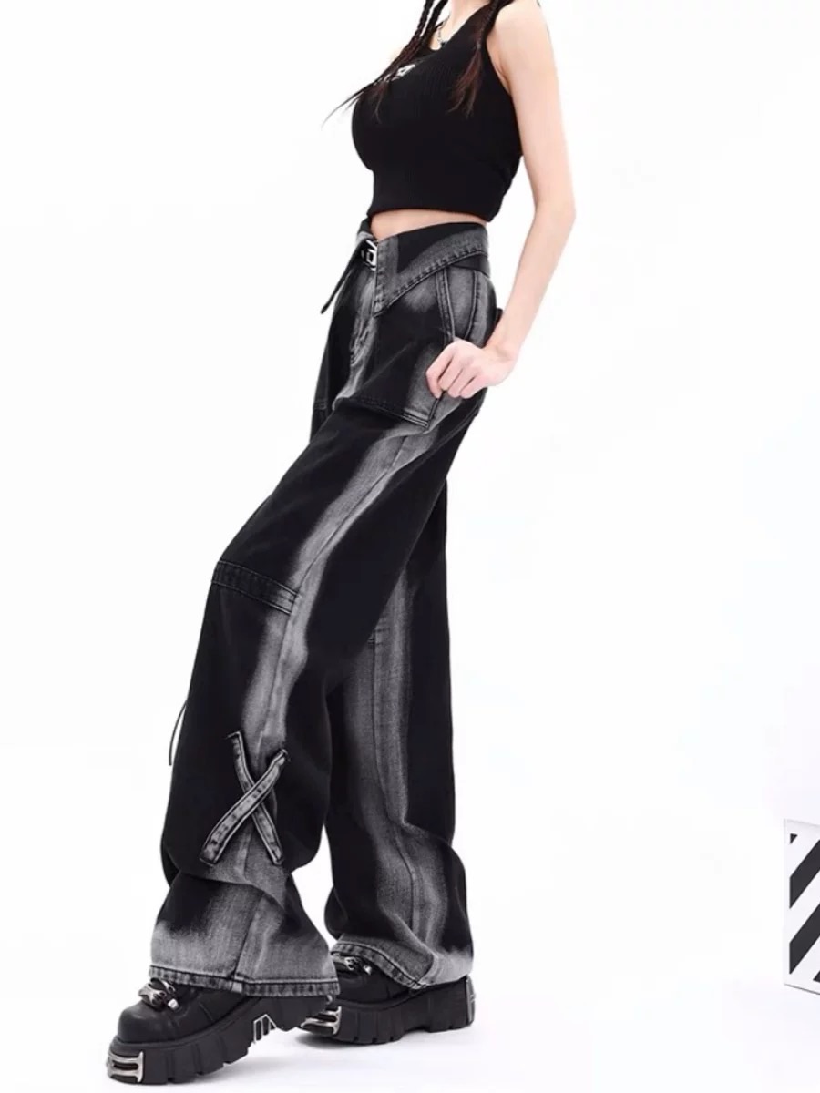 黑灰色漸變翻邊牛仔闊腿褲