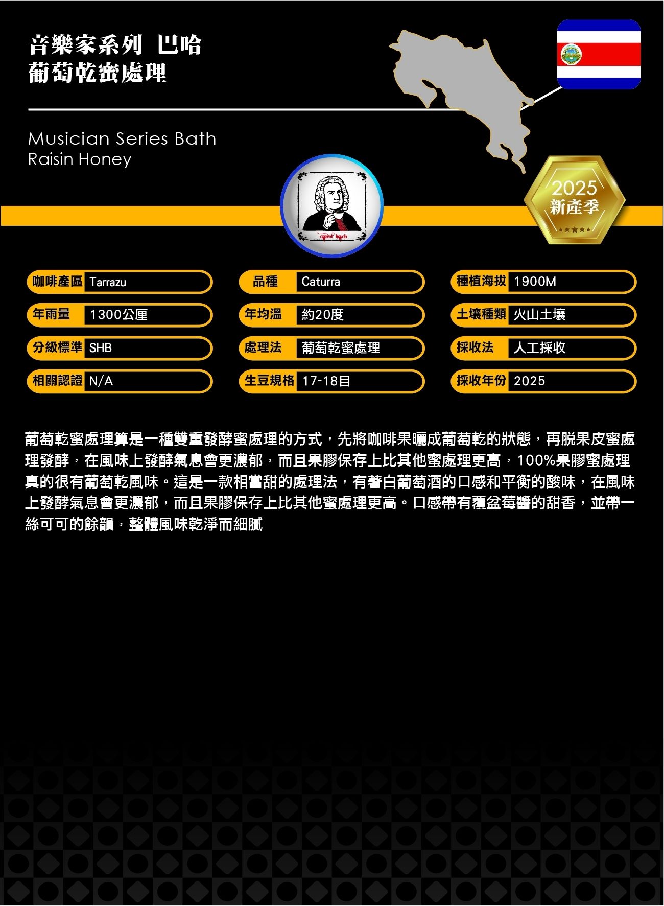 哥斯大黎加 音樂家系列 巴哈 葡萄乾蜜處理2025