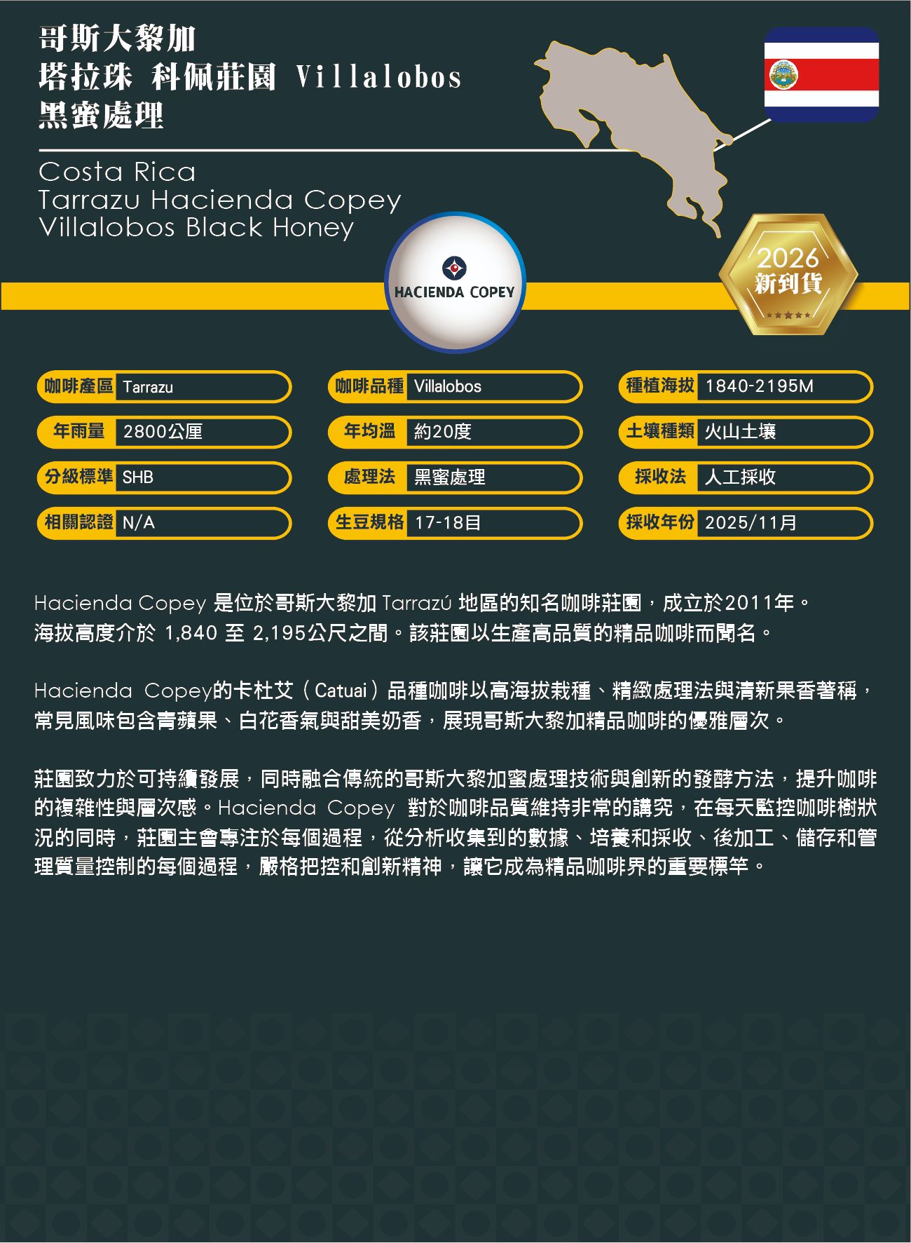 哥斯大黎加塔拉珠 科佩莊園 Villalobos黑蜜處理2026
