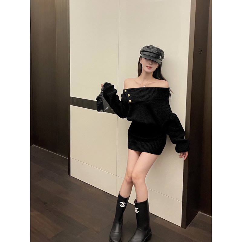 一字肩毛衣連衣裙