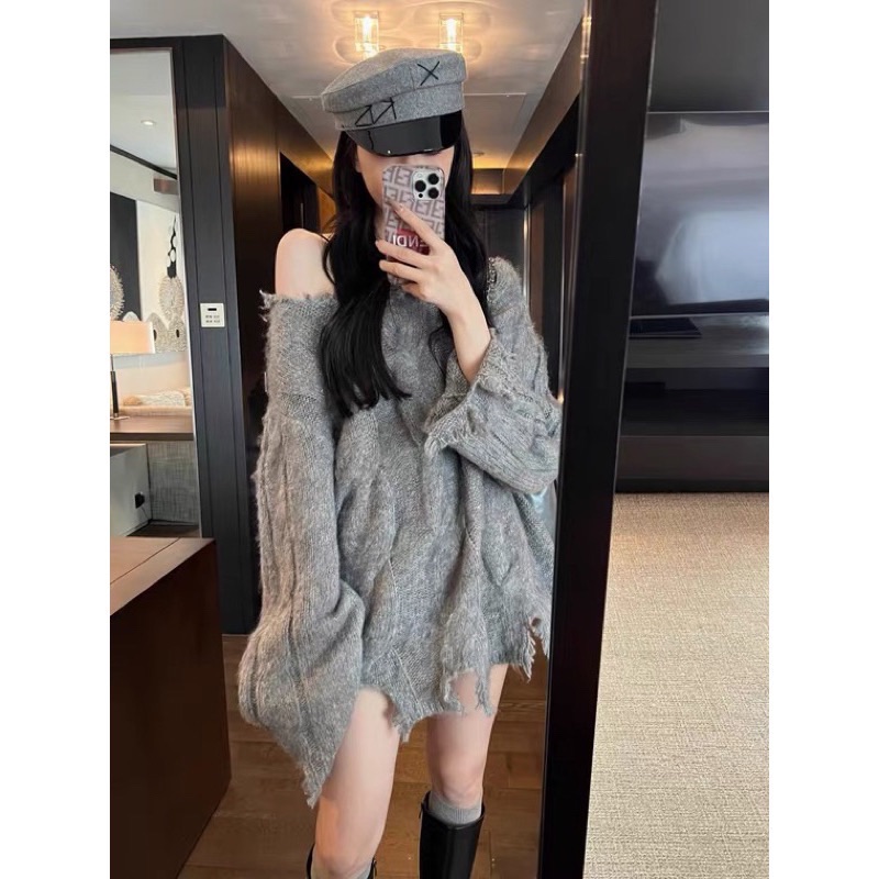 刷破設計麻花針織上衣