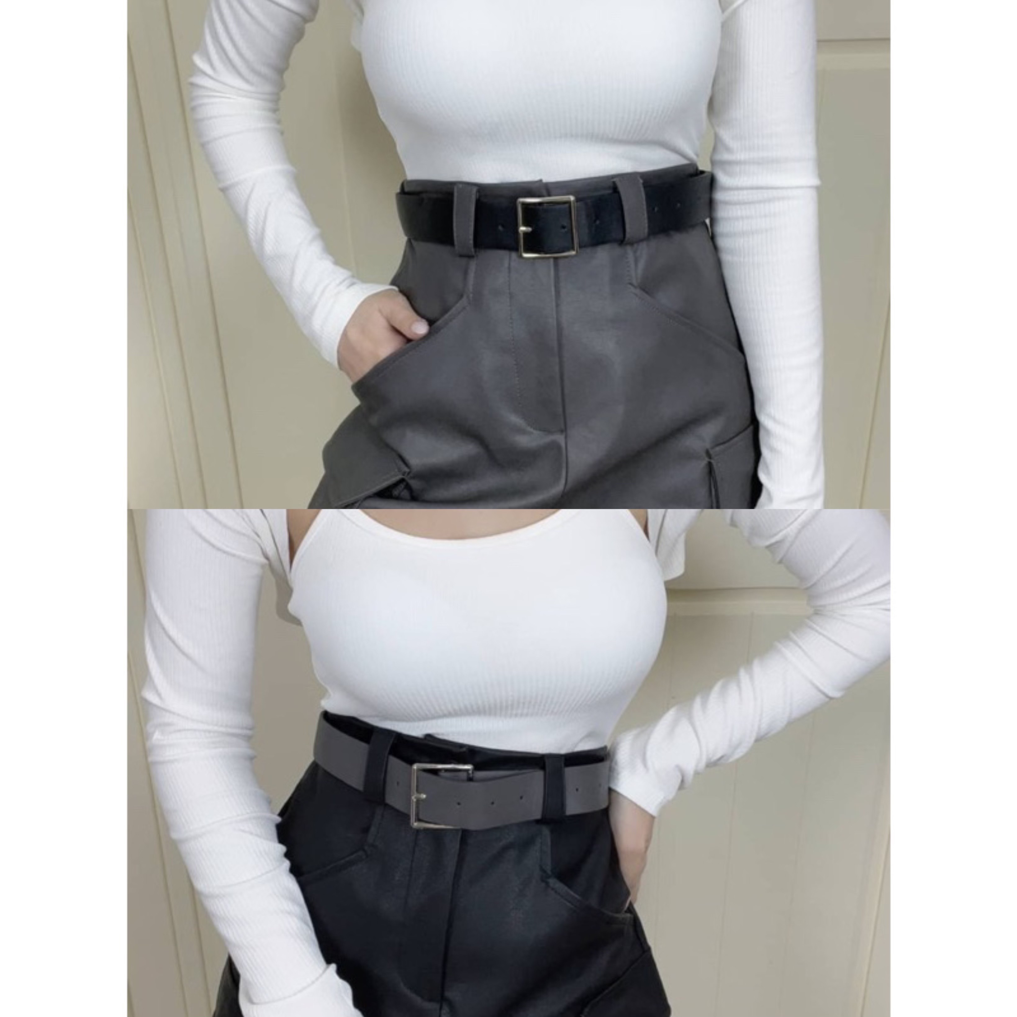 附腰帶個性短皮裙