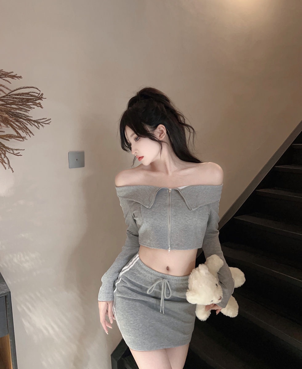 拉鍊翻領上衣+綁繩休閒褲裙