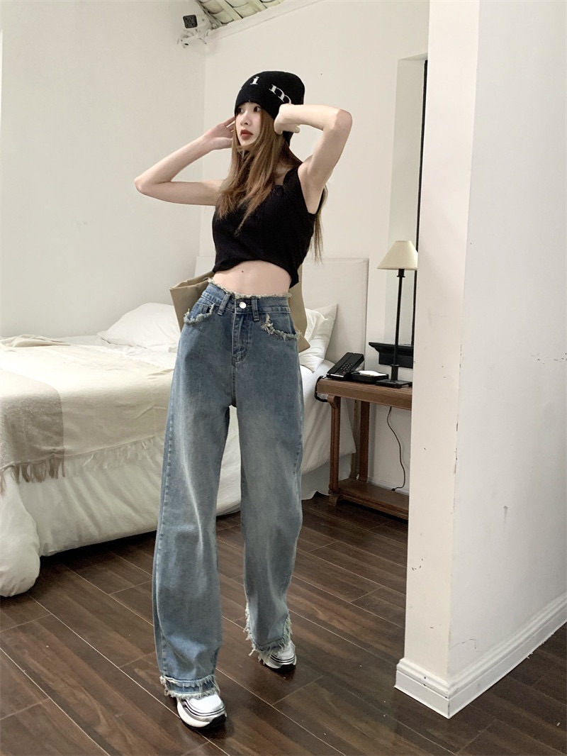 破鬚直筒牛仔寬褲