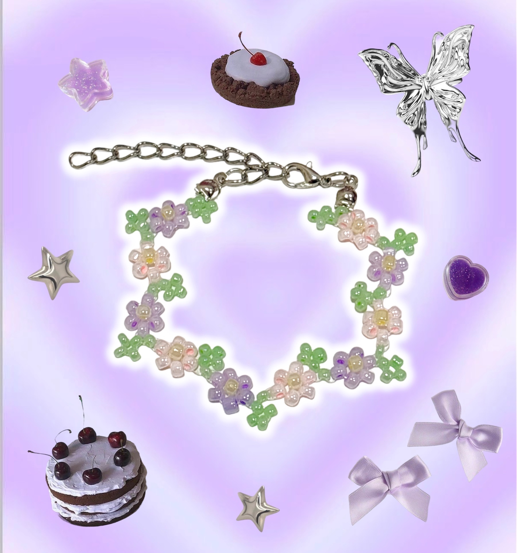 ❁.*｡☆｡粉紫花花串珠手鍊｡☆.*｡❁