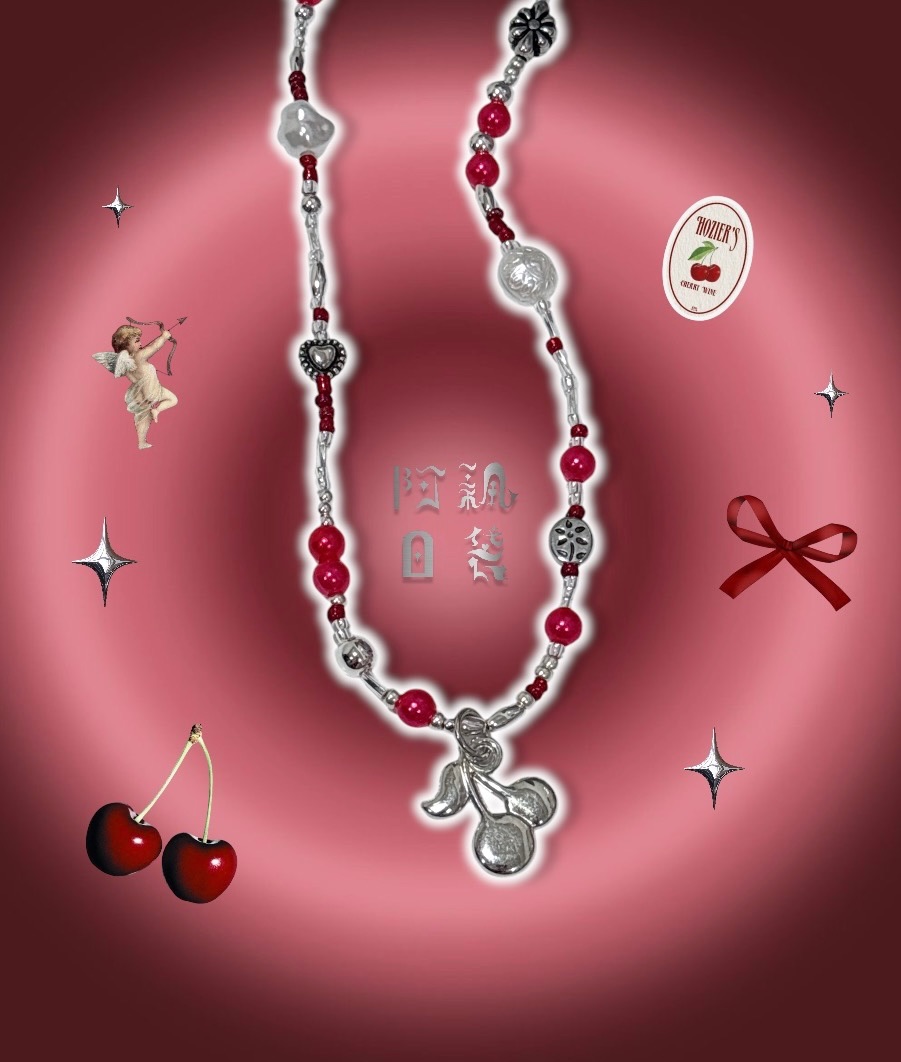 ♥═𝕮𝖍𝖊𝖗𝖗𝖞 復古銀櫻桃串珠項鍊═♥