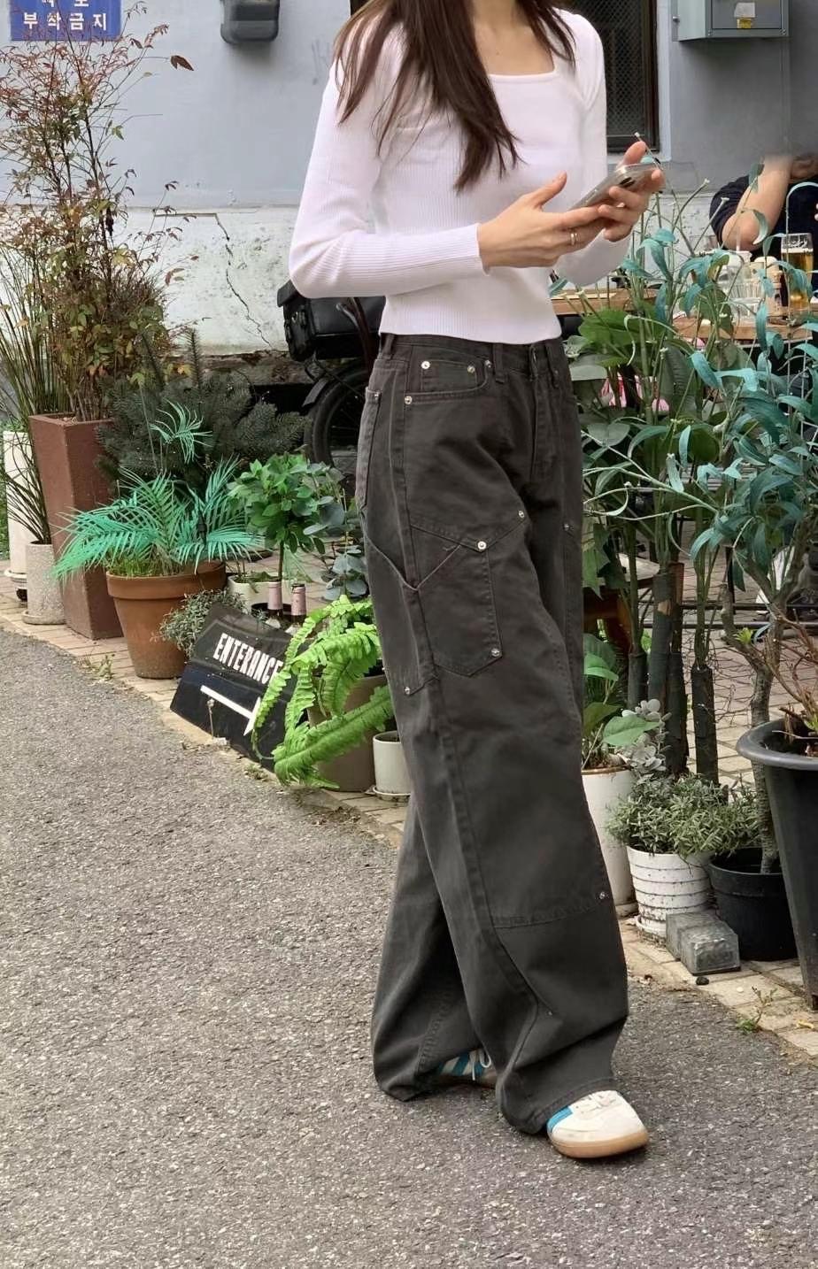 Lazystore🇰🇷卯釘感 落地工裝牛仔褲 韓國代購 東大門