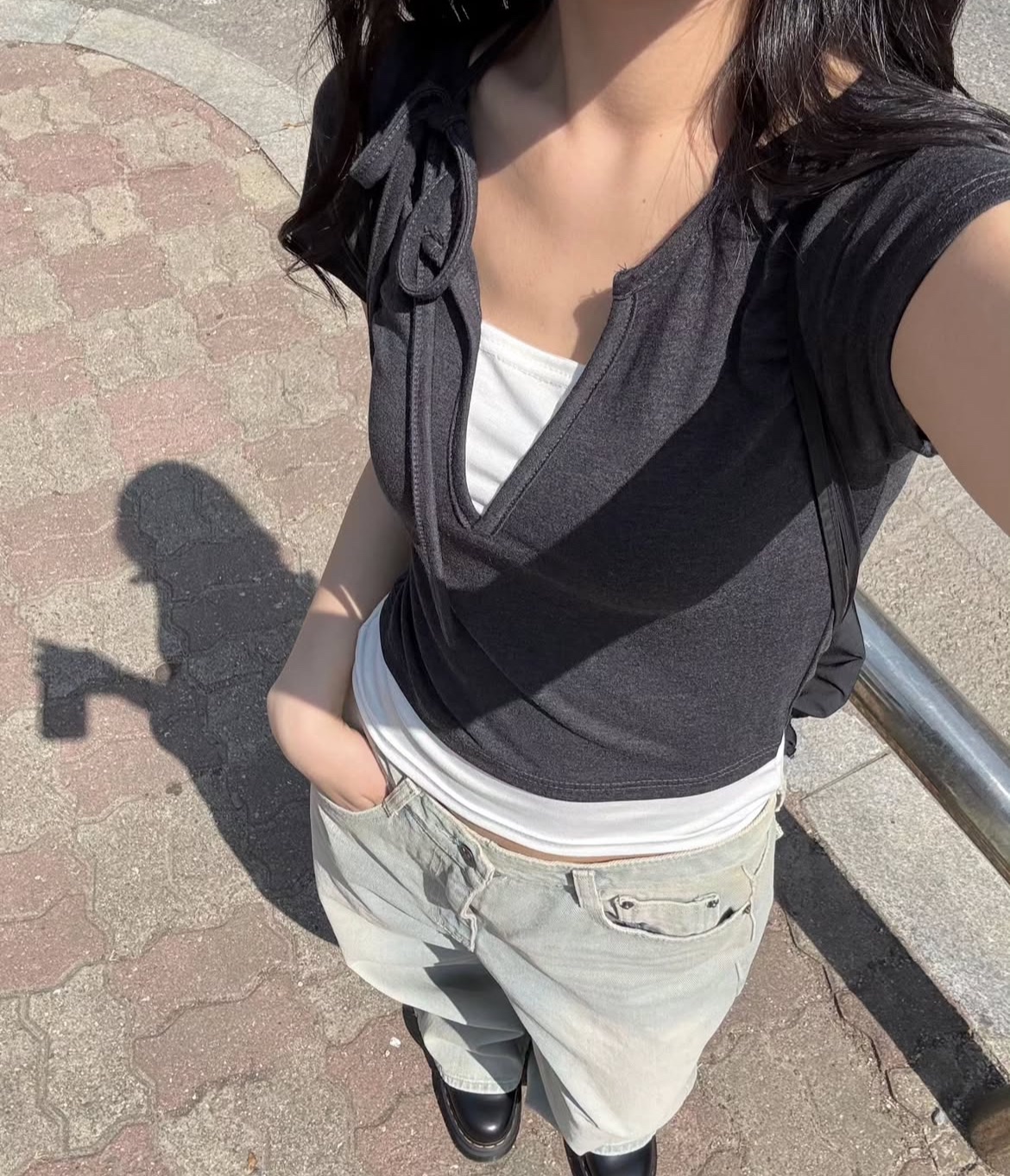 Lazystore 🇰🇷假兩件綁帶短袖