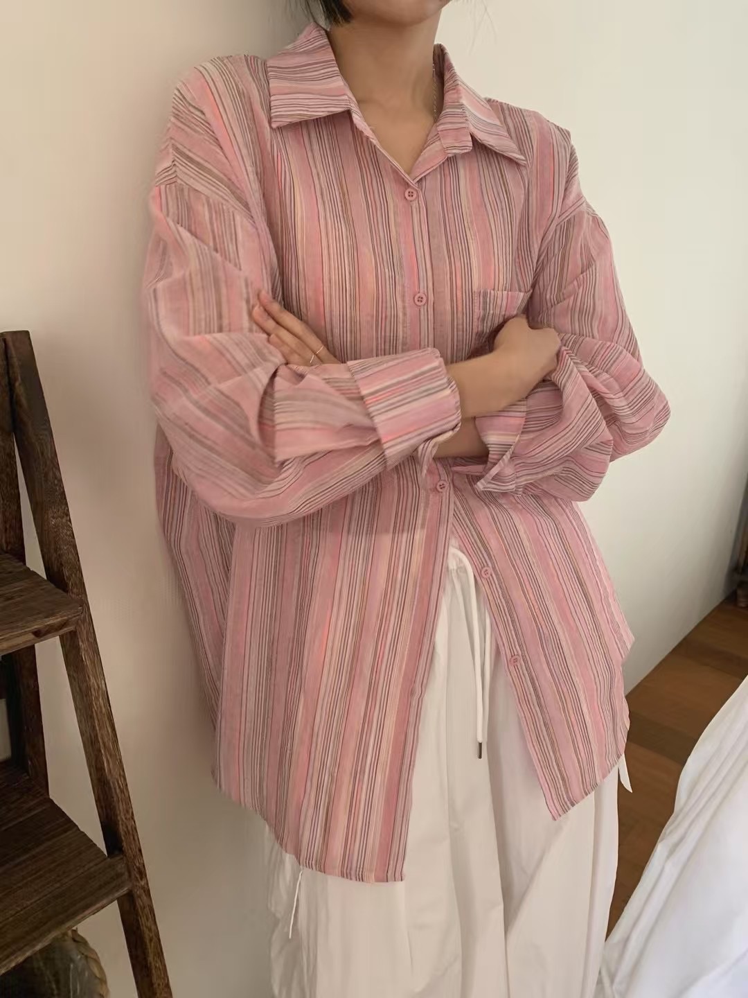 🇰🇷Lazystore 草莓牛奶 條紋棉麻襯衫