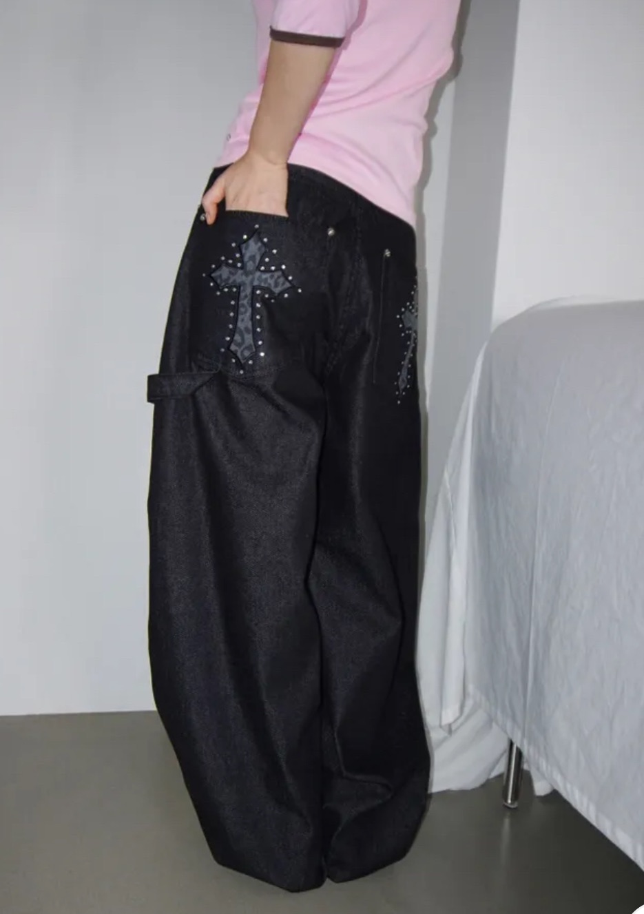 🇰🇷豹紋十字架寬鬆牛仔褲