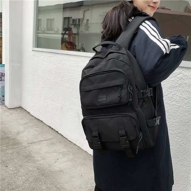 韓國工裝風潮牌黑雙肩背包