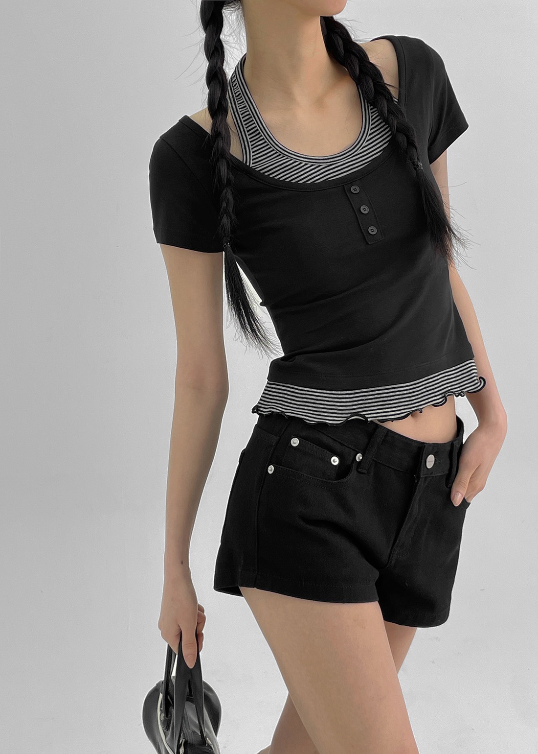 BLACKUP自製款 솔딘 스트라이프 레이어드 반팔티