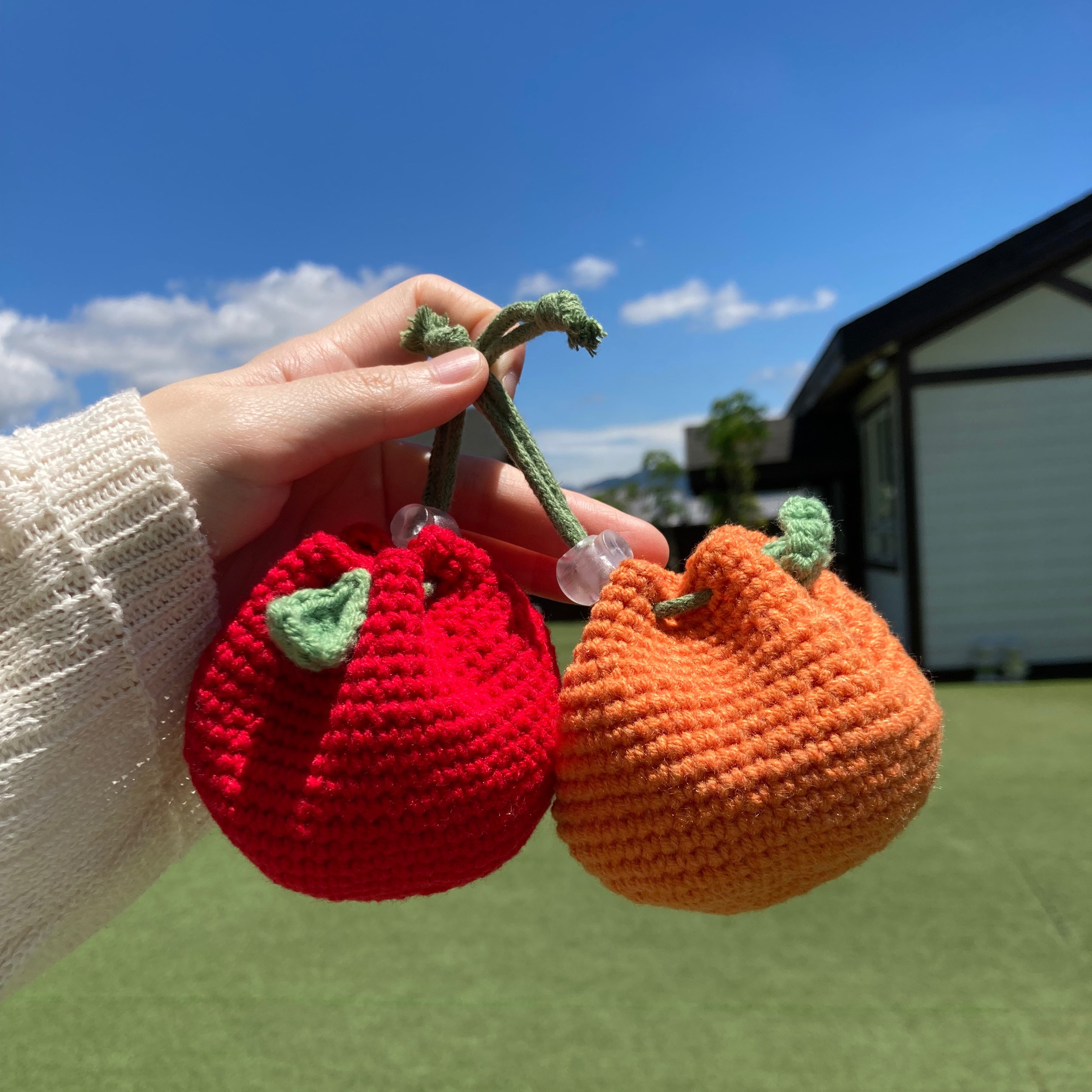 【現貨-針織手作】圓圓柑橘束口包 / 柑橘小包 / 化妝包  / 補妝包 / 零錢包 / 抽繩袋 / 鑰匙包