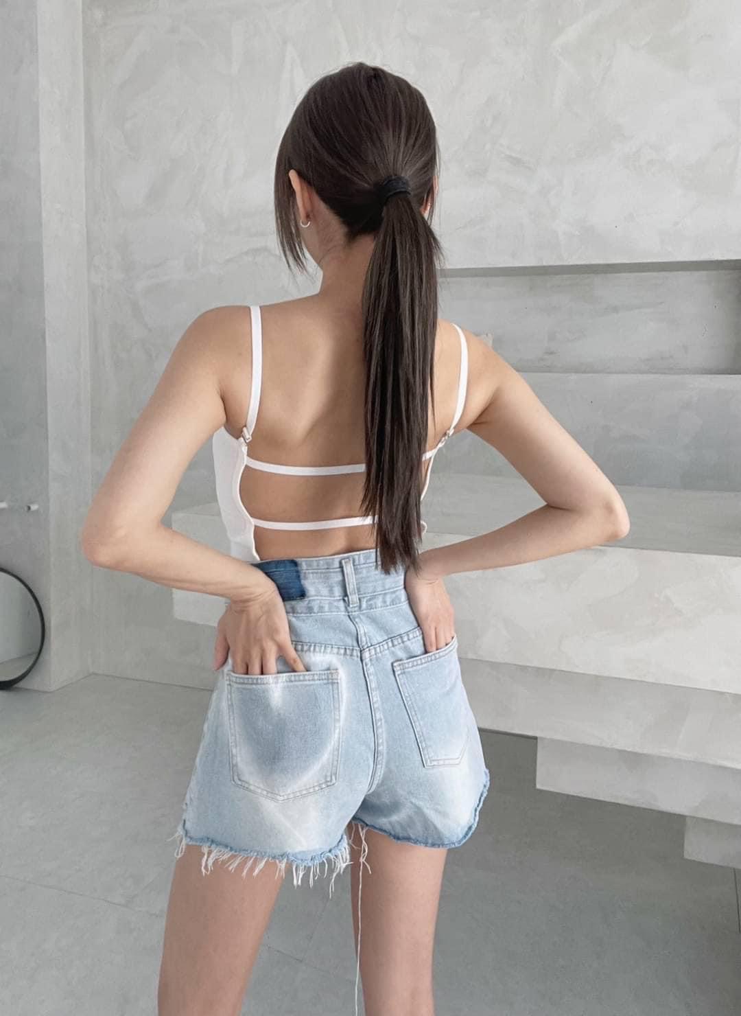 879（藍S）高腰愛心刷破牛仔短褲