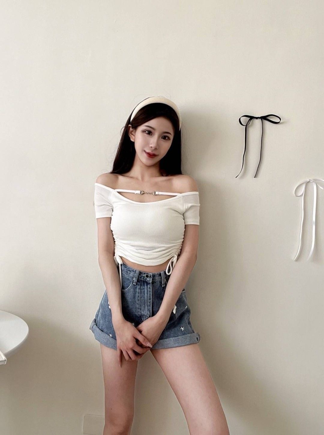 5314 （白）超美鏈條露肩抽繩 bra top