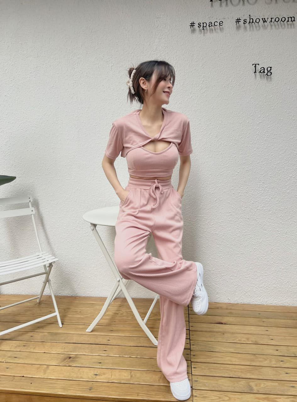 1930379（粉、灰）扭結上衣＋爆乳背心＋高腰寬褲三件set