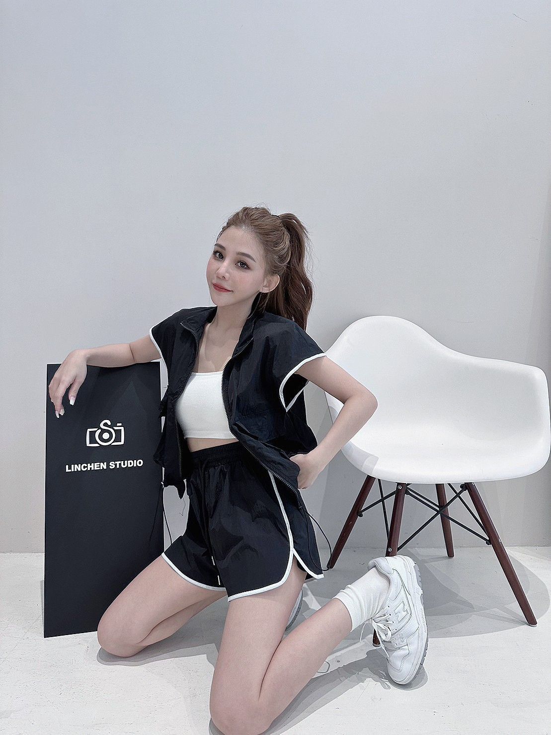 7267（黑）休閒滾邊風衣短褲套裝