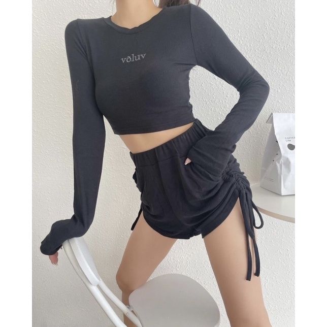 1930276（咖）自訂款同色刺繡合身上衣＋側抽繩短褲SET