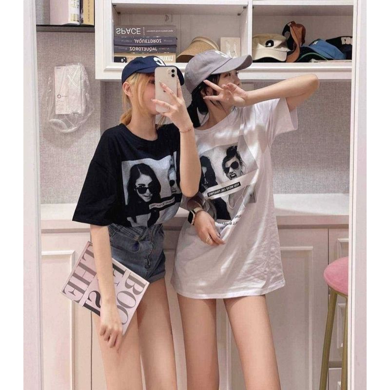 8638（白）快樂女孩個性人像韓國棉日常好穿閨蜜大Tee