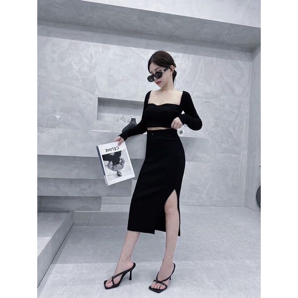 9068（黑）桃心領上衣+開衩裙套裝