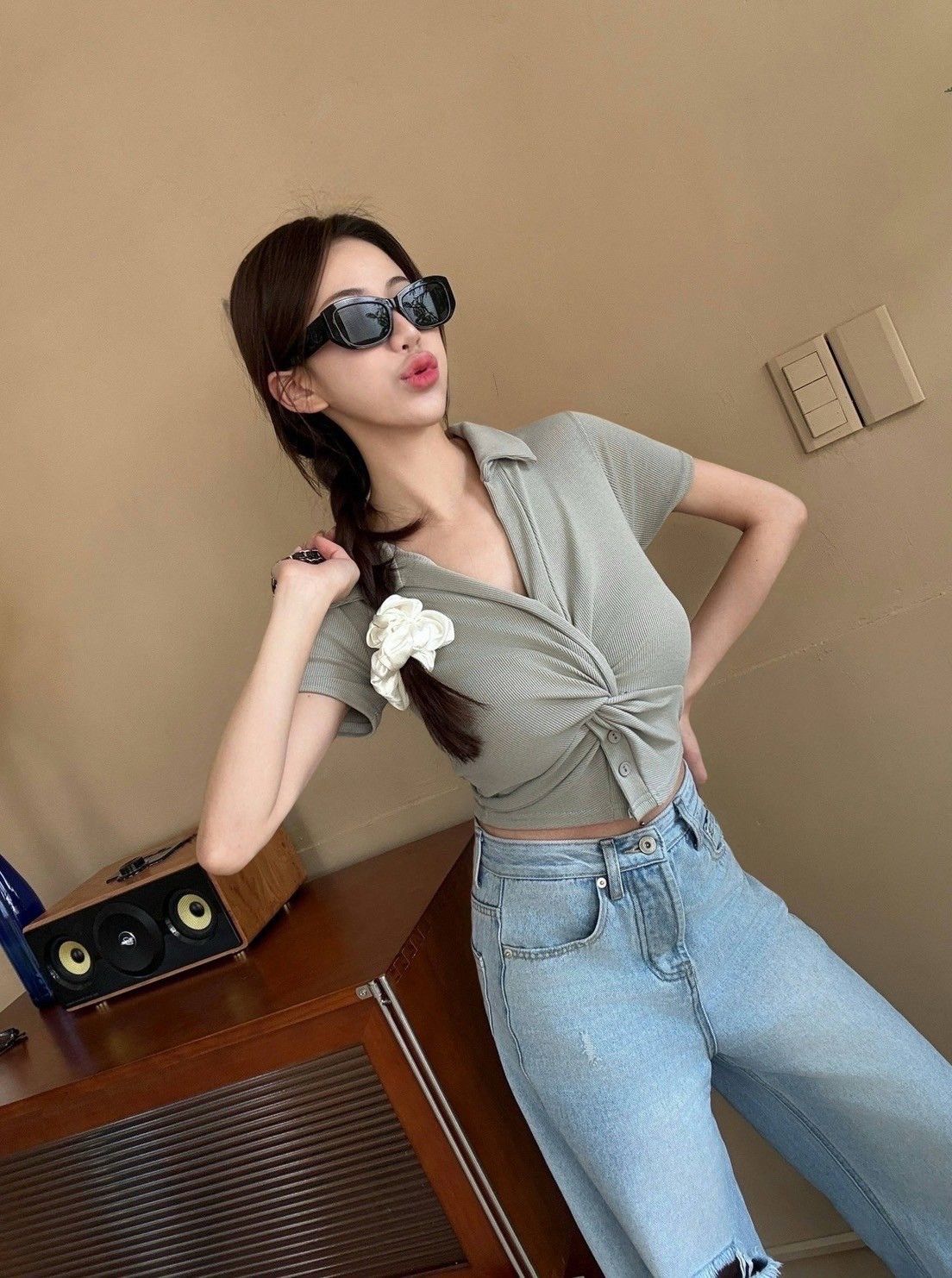 5524（灰）御姐風紐結翻領合身上衣