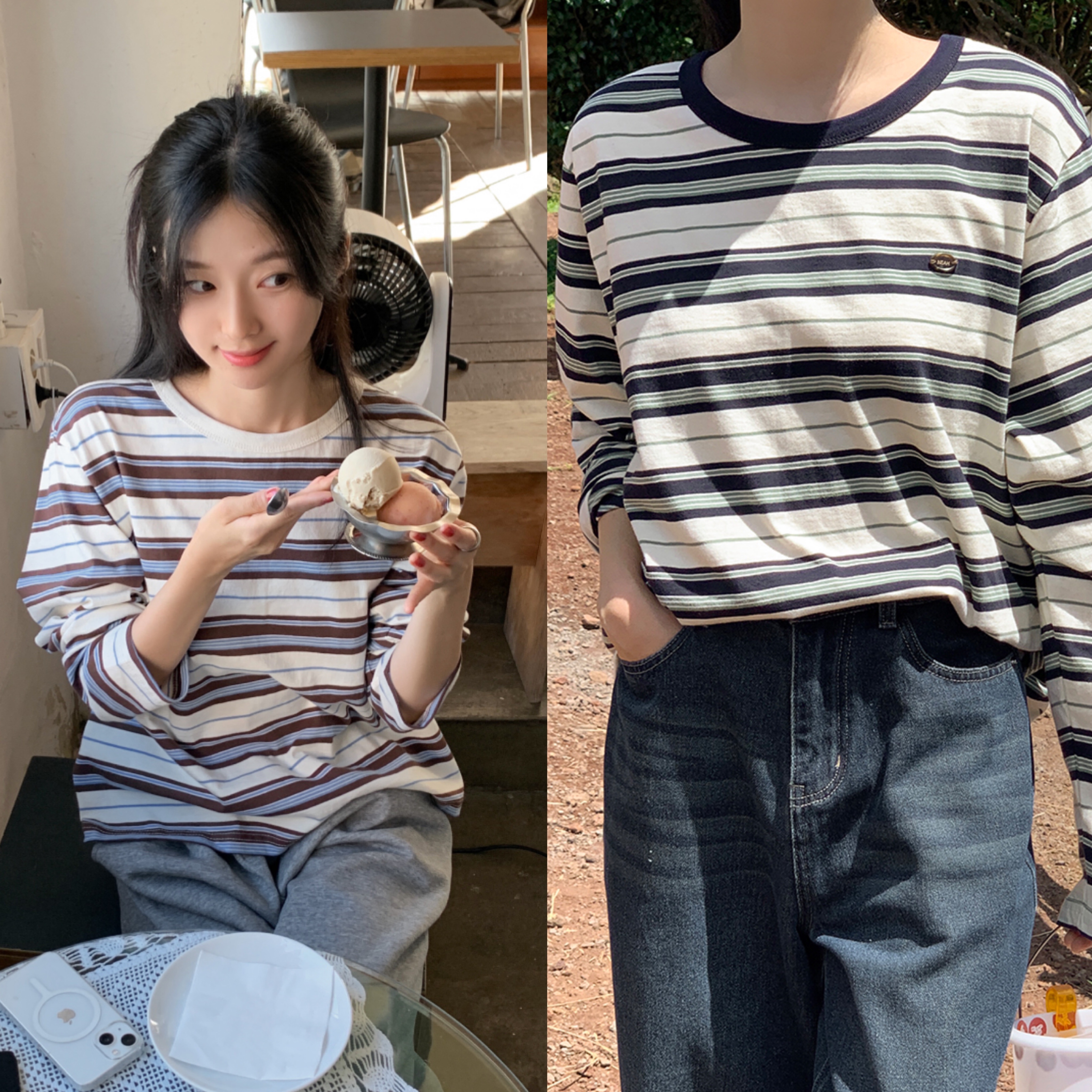 98doci [NEAH] 純棉長袖上衣 2color 틱앤틴 립 스트라이프 티셔츠