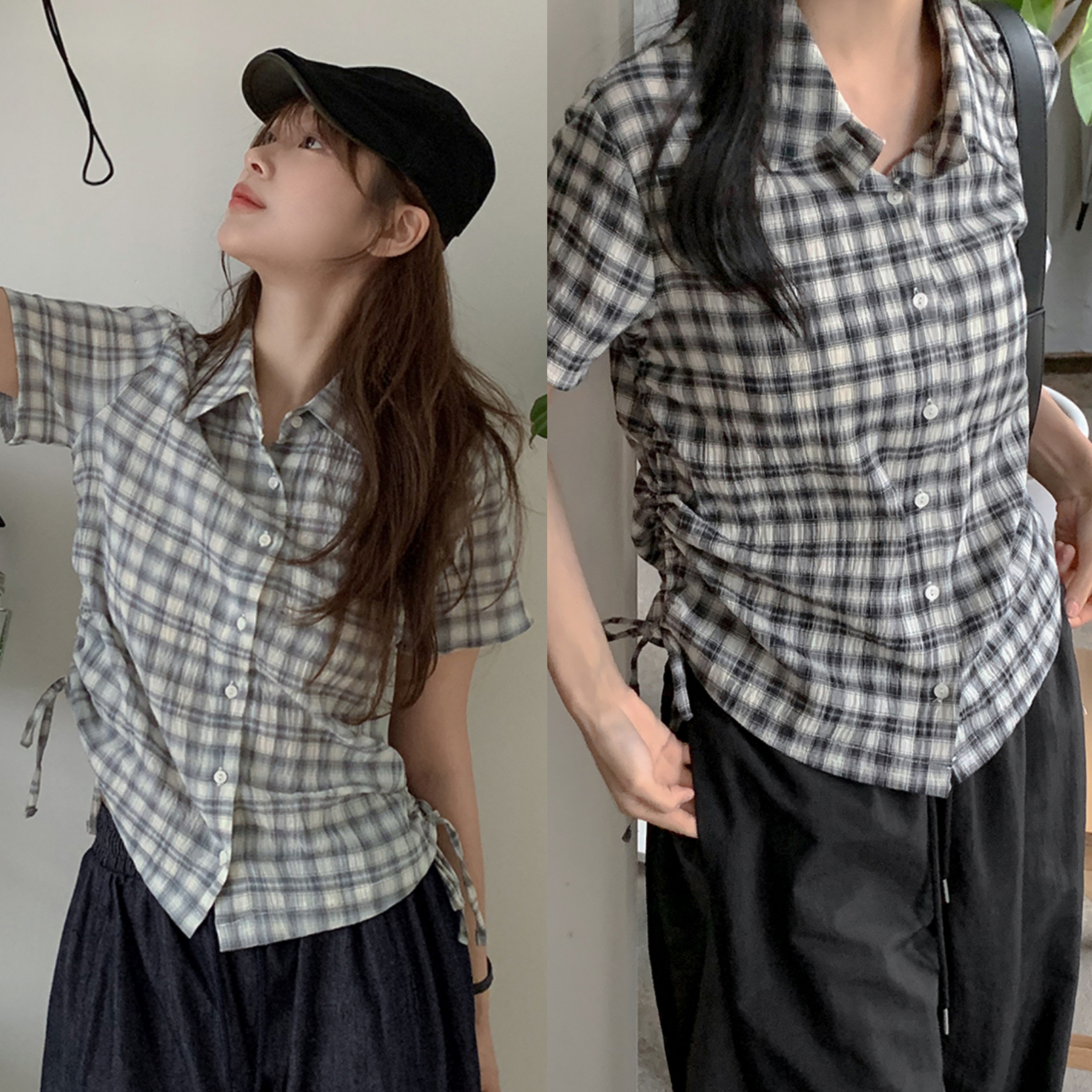 98doci [NEAH] 抽繩格紋短袖襯衫 2color 체크 옆셔링 스탠다드 반팔셔츠